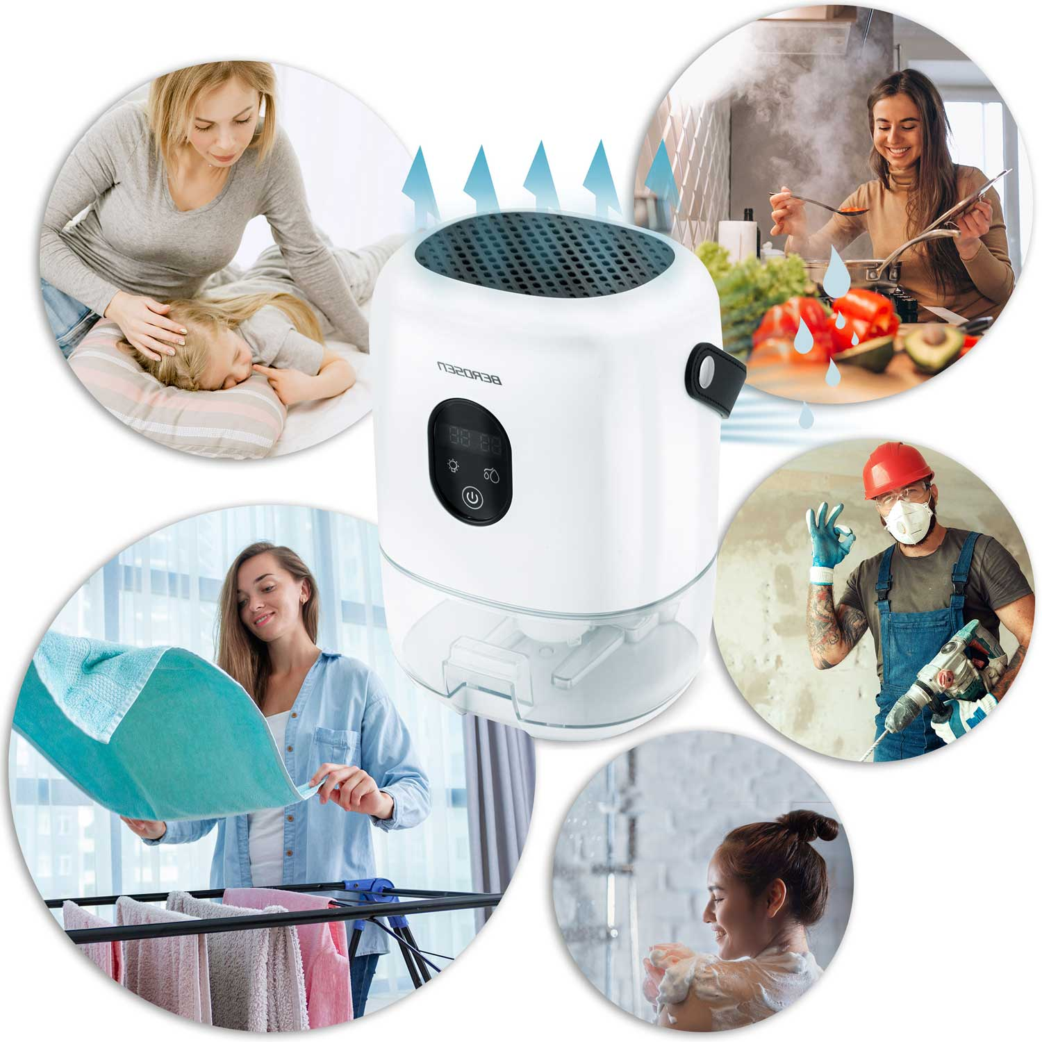 Biały osuszacz powietrza z cyfrowym wyświetlaczem. Wokół okrągłe obrazy: kobieta z dzieckiem, gotowanie, suszenie ubrań, prysznic, robotnik budowlany.