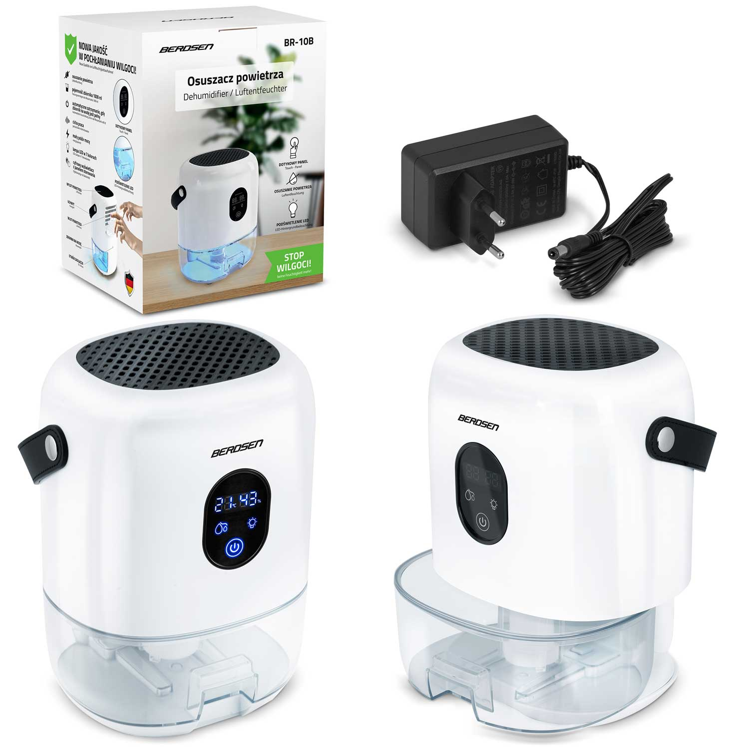 Biały osuszacz powietrza z cyfrowym wyświetlaczem, zasilaczem i pudełkiem. Posiada czarną górę, uchwyt i przezroczysty zbiornik na wodę.