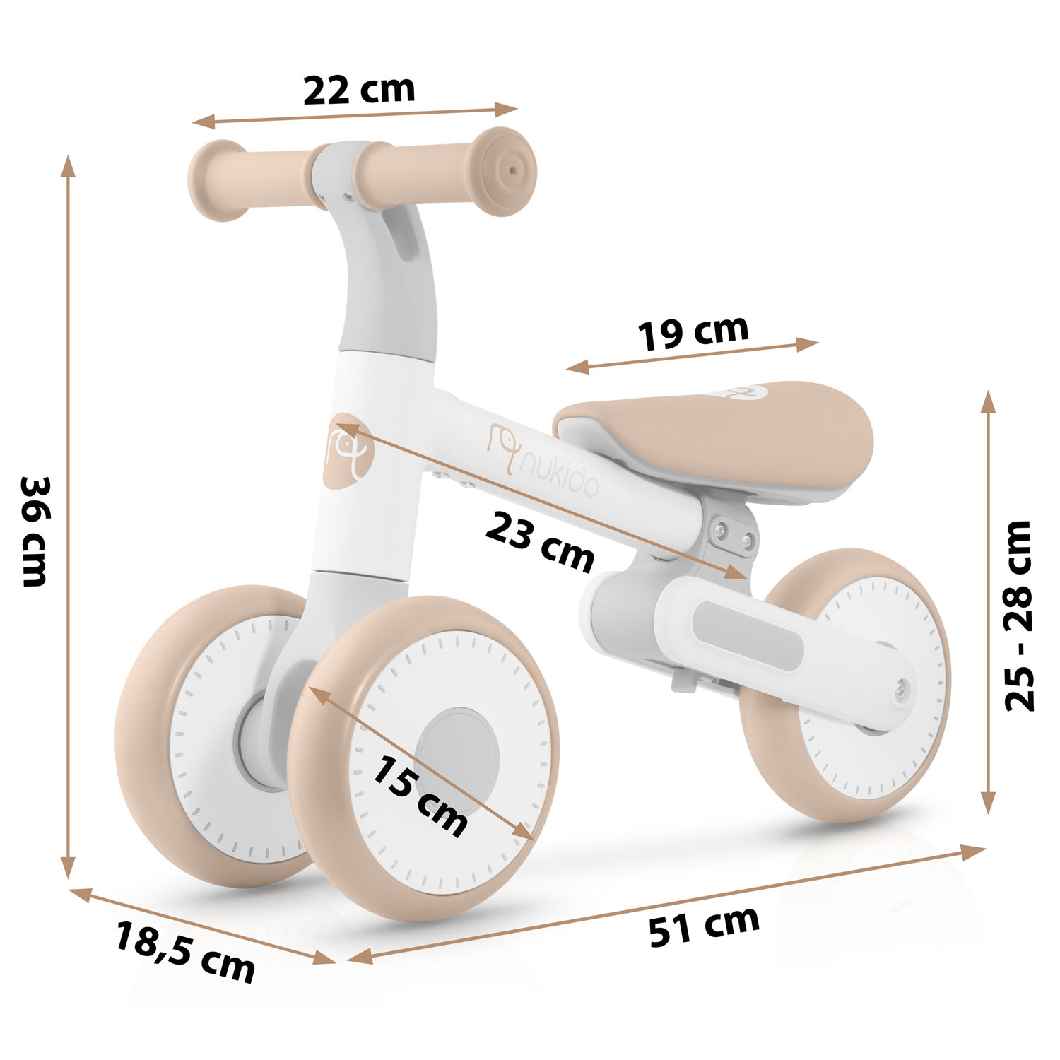 Biało-beżowy rowerek biegowy z wymiarami: 36 cm wysokości, 22 cm szerokości kierownicy, 15 cm kół i 51 cm długości.