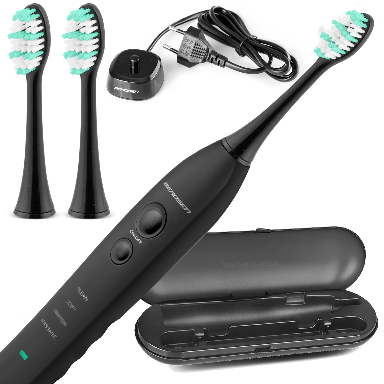 Czarna elektryczna szczoteczka do zębów z wieloma główkami, ładowarką i etui podróżnym. Główki są czarne z białym i zielonym włosiem.
