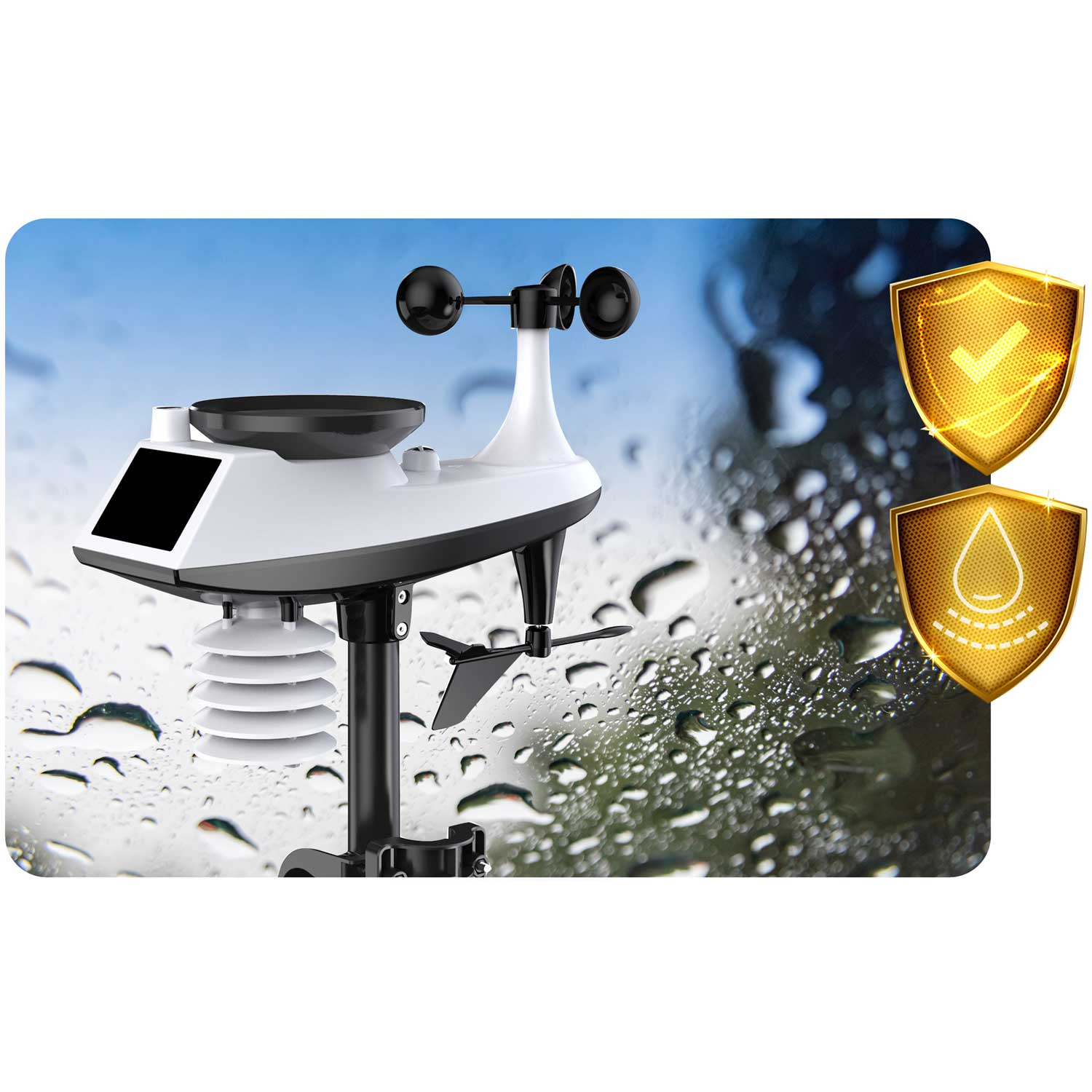 Biała stacja pogodowa z kroplami deszczu. Urządzenie posiada czujniki, wyświetlacz i wskaźniki prędkości wiatru. Dwie złote tarcze po prawej stronie.