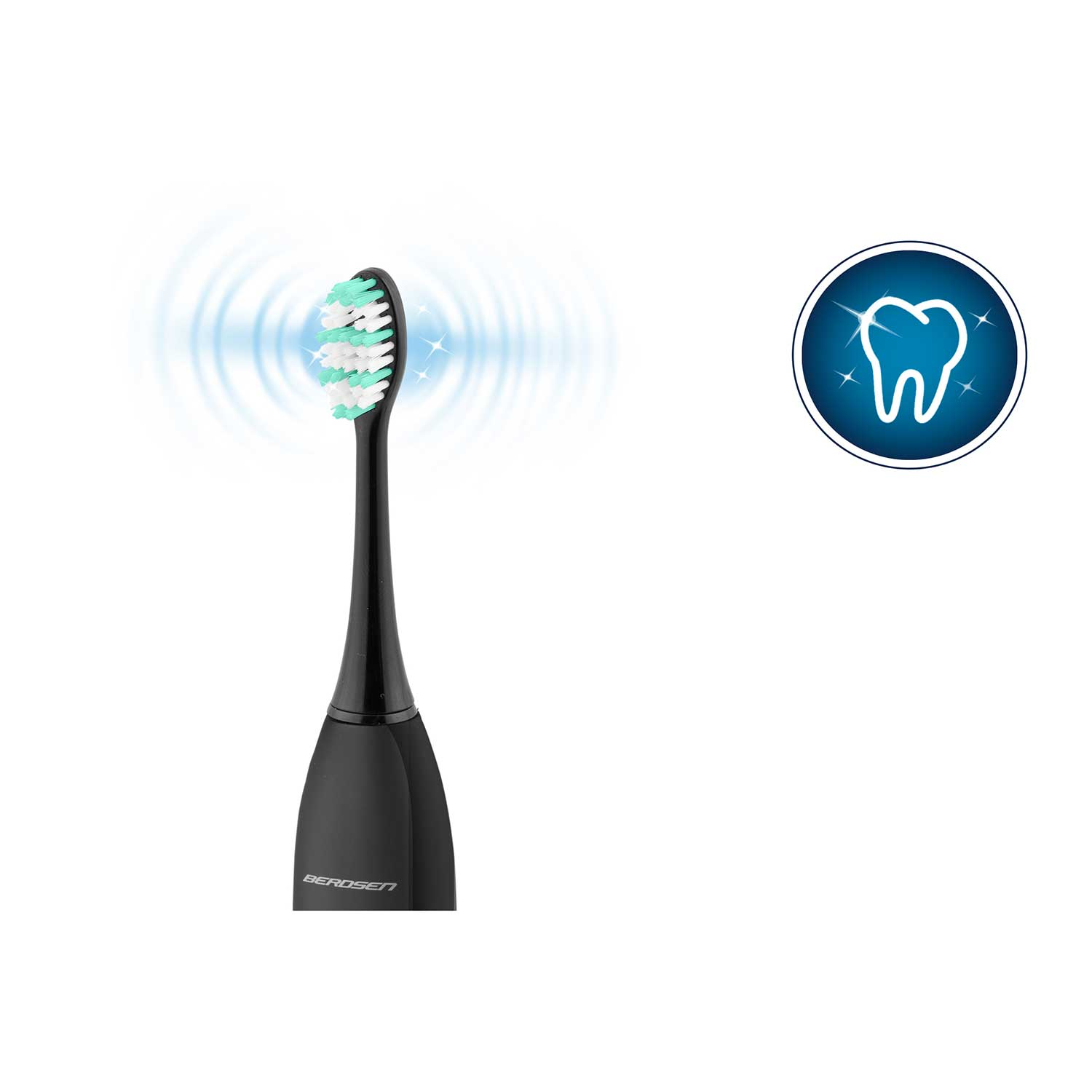 Elektryczna szczoteczka do zębów z zielono-białym włosiem, ikoną zęba i promienistymi niebieskimi falami, wszystko na białym tle.