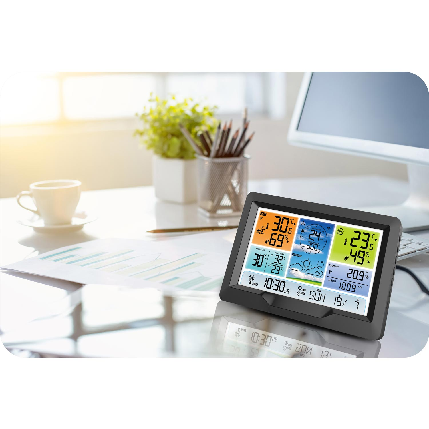 Stacja pogodowa wyświetla temperaturę, wilgotność i ciśnienie barometryczne. Na biurku filiżanka, roślina, pojemnik na długopisy, komputer i wykresy.