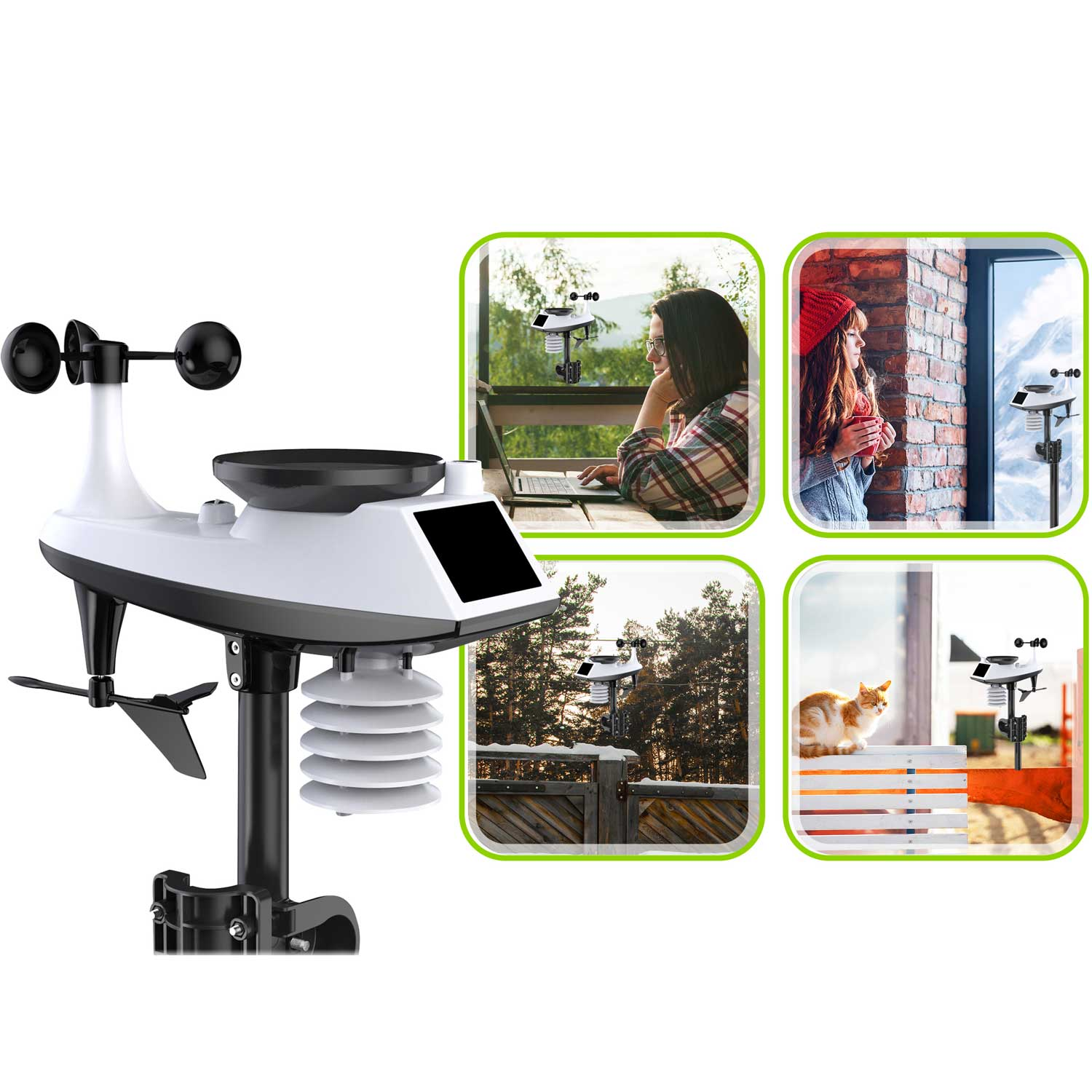 Stacja pogodowa z czujnikiem wiatru, deszczomierzem i termometrem. Wstawki pokazują stację w użyciu, z ludźmi i kotem.