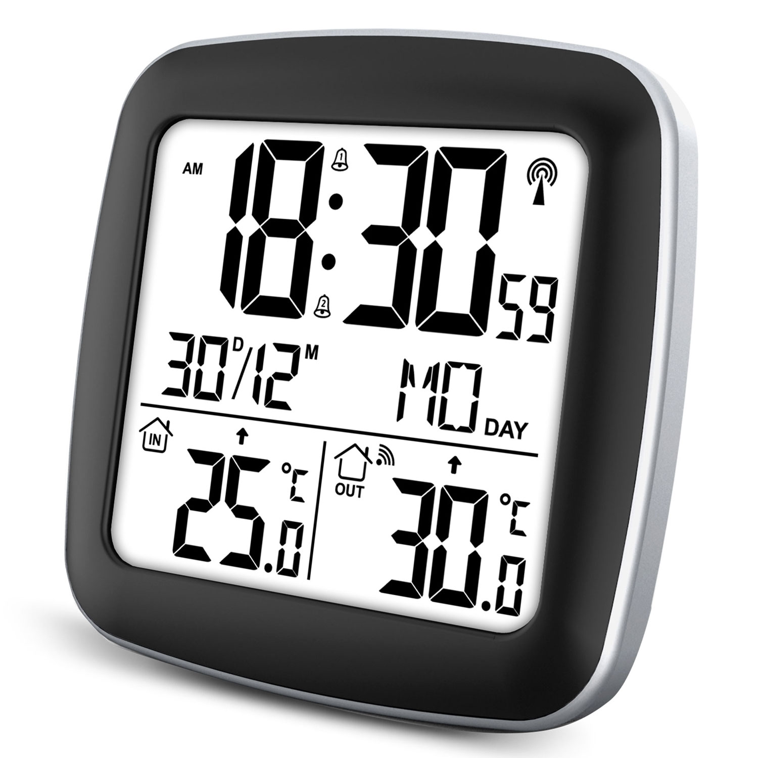 Cyfrowy zegar wyświetla godzinę, datę i temperaturę. Czarna ramka ze srebrnym obramowaniem. Ekran pokazuje 10:30, 30/12 oraz temperatury wewnątrz/na zewnątrz.