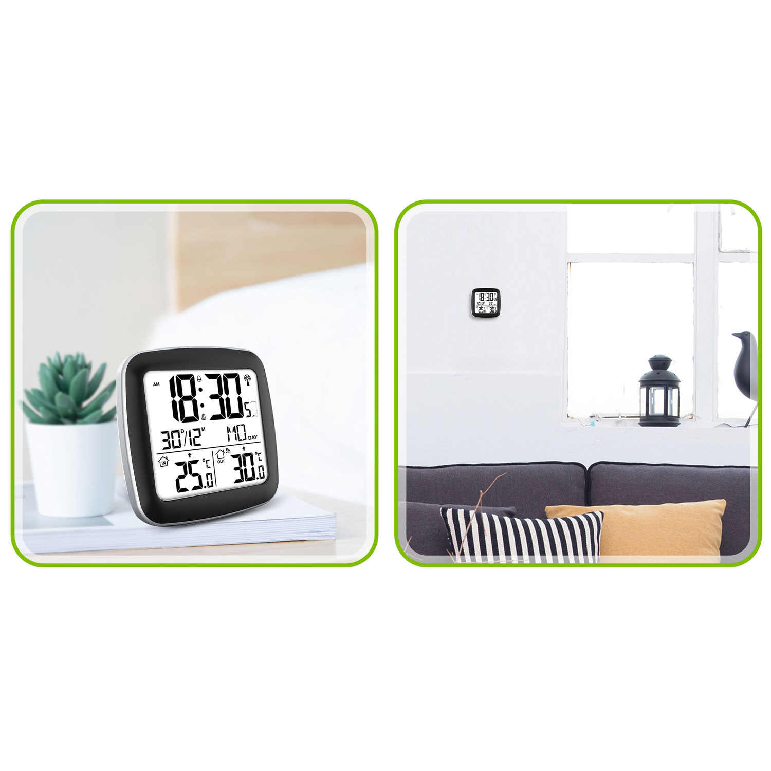 Dwa oprawione zdjęcia. Jedno pokazuje zegar cyfrowy na stoliku nocnym. Drugie pokazuje zegar na ścianie nad sofą.