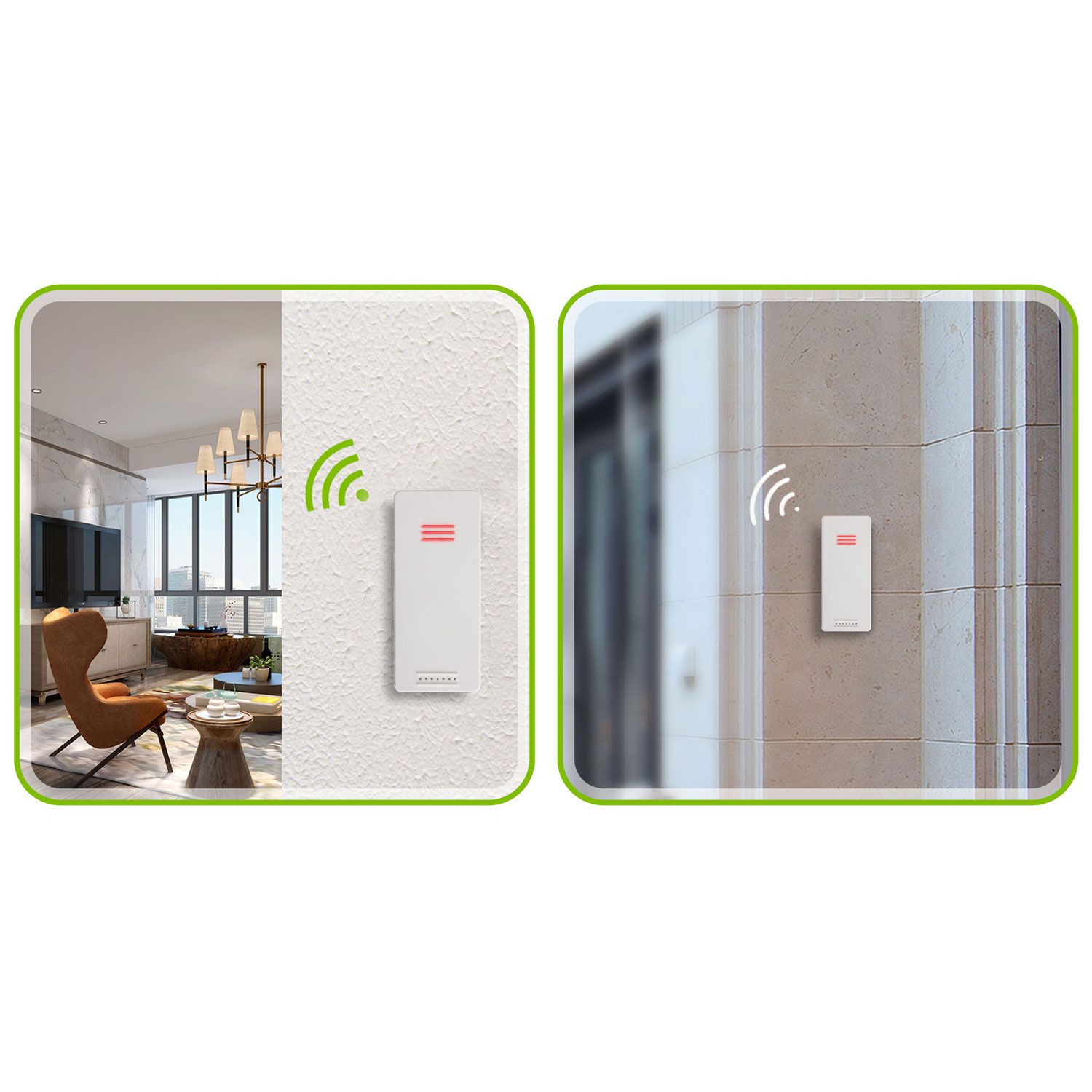 Dwa obrazy przedstawiające białe urządzenia z czerwonymi liniami i symbolami Wi-Fi. Jeden w salonie, drugi na zewnętrznej ścianie.