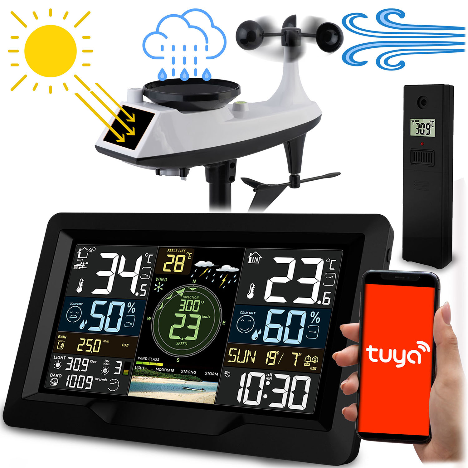 Stacja pogodowa z wyświetlaczem pokazującym temperaturę, wilgotność i prognozę pogody, ze smartfonem i ikoną słońca.