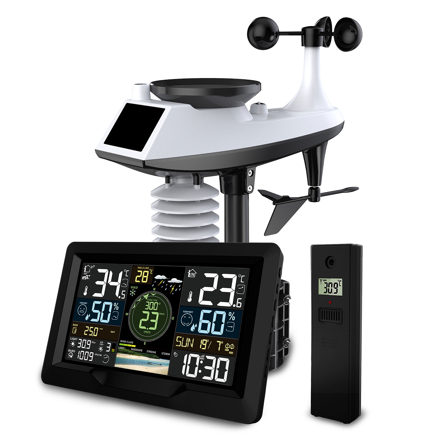 Stacja pogodowa z wyświetlaczem pokazującym temperaturę, wilgotność i prędkość wiatru. Zawiera czujnik zdalny.
