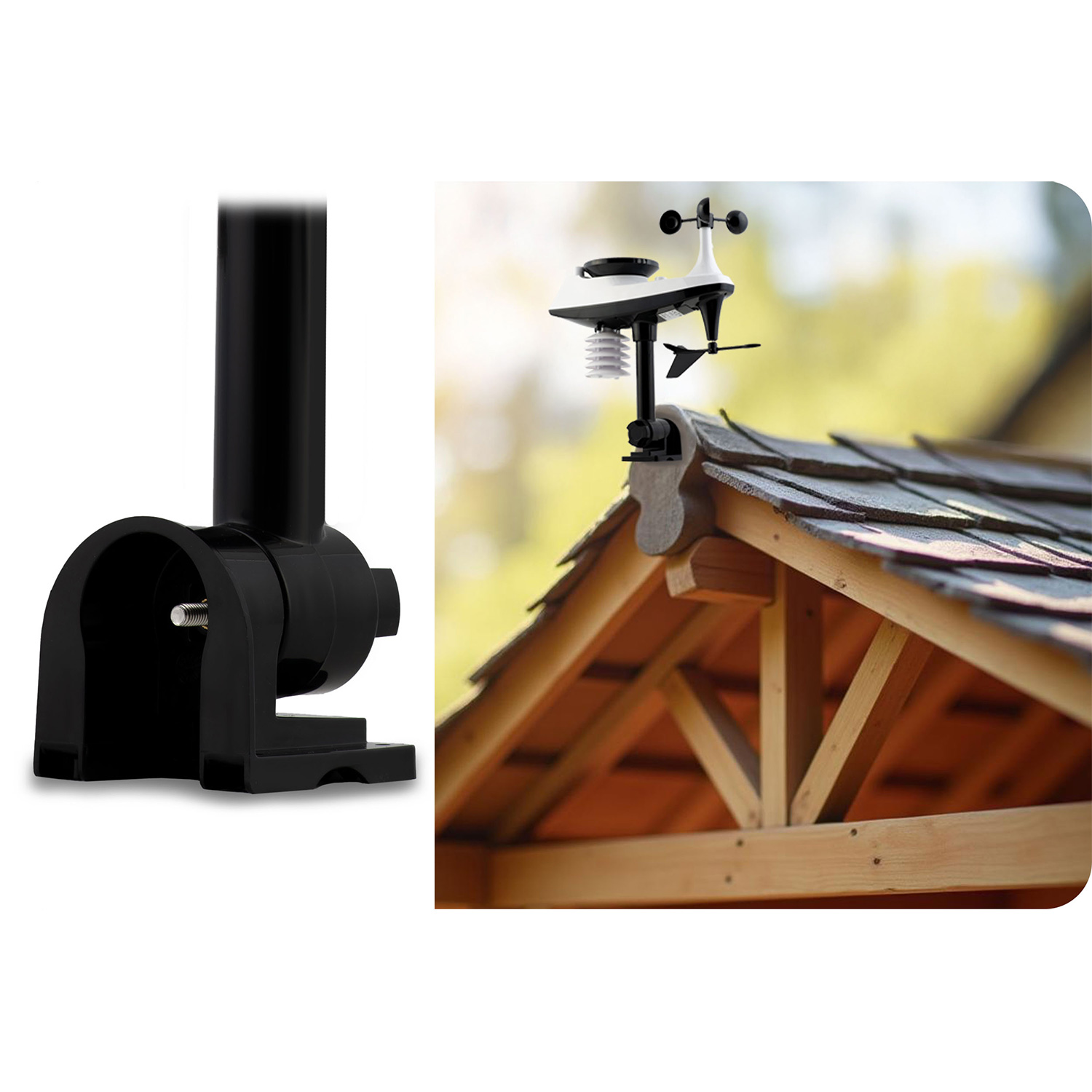 Stacja pogodowa zamontowana na drewnianym dachu. Stacja posiada czujniki i śmigło. Czarny wspornik po lewej.