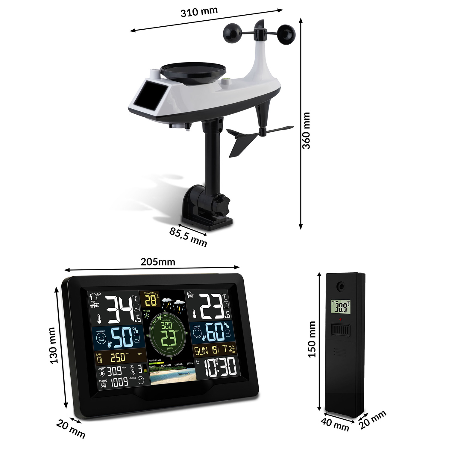 Stacja pogodowa pokazująca biało-czarny anemometr, czarny wyświetlacz z danymi pogodowymi i czujnik.