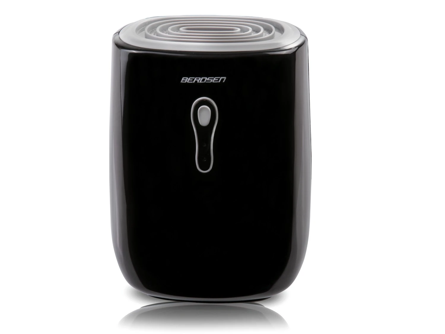 Czarny osuszacz powietrza z białym wierzchem i podświetlanym przyciskiem zasilania. Widoczna nazwa marki 'BERDSEN'.