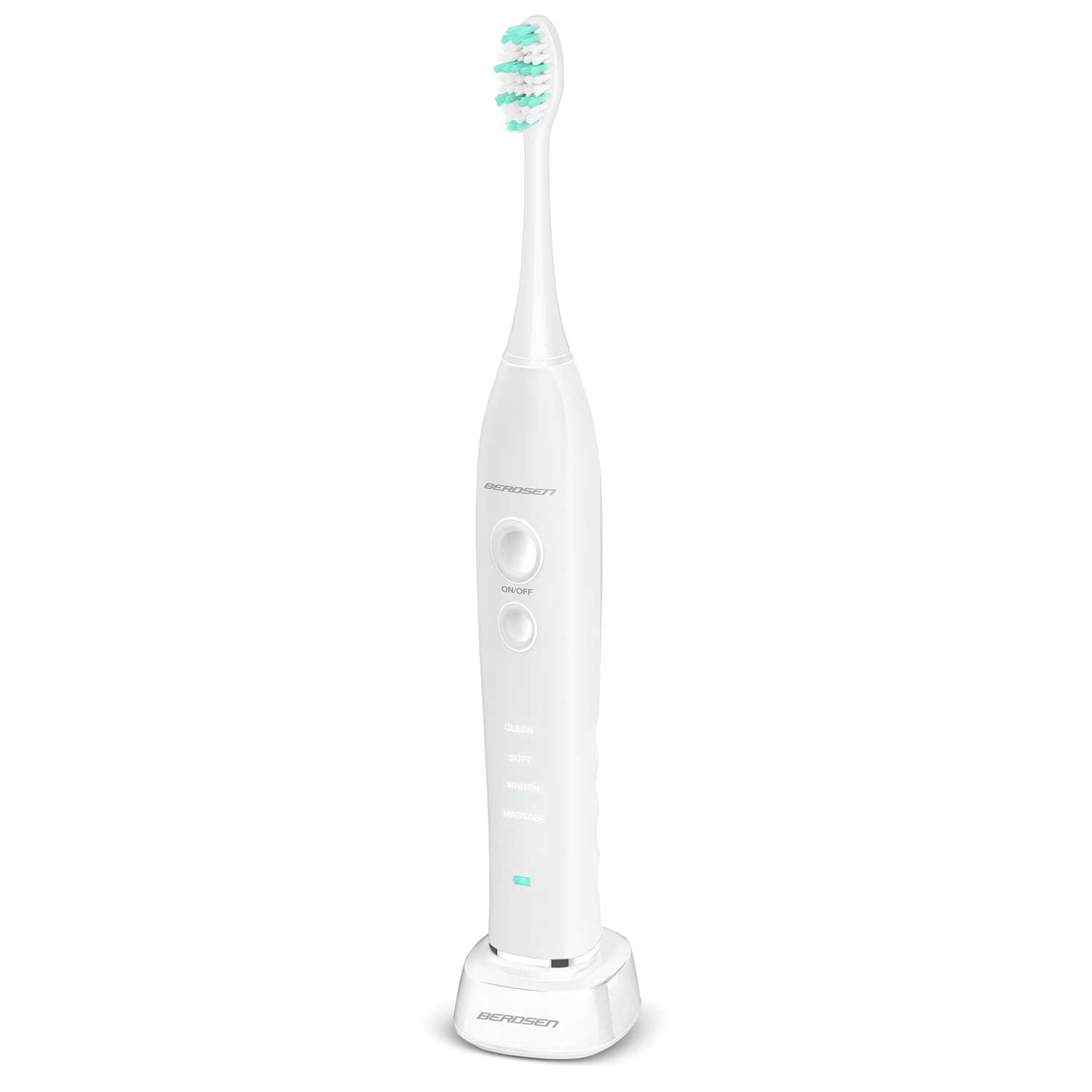 Biała elektryczna szczoteczka do zębów z podstawą ładującą. Główka ma niebieskie i białe włosie. Rękojeść ma przyciski i nazwę marki.