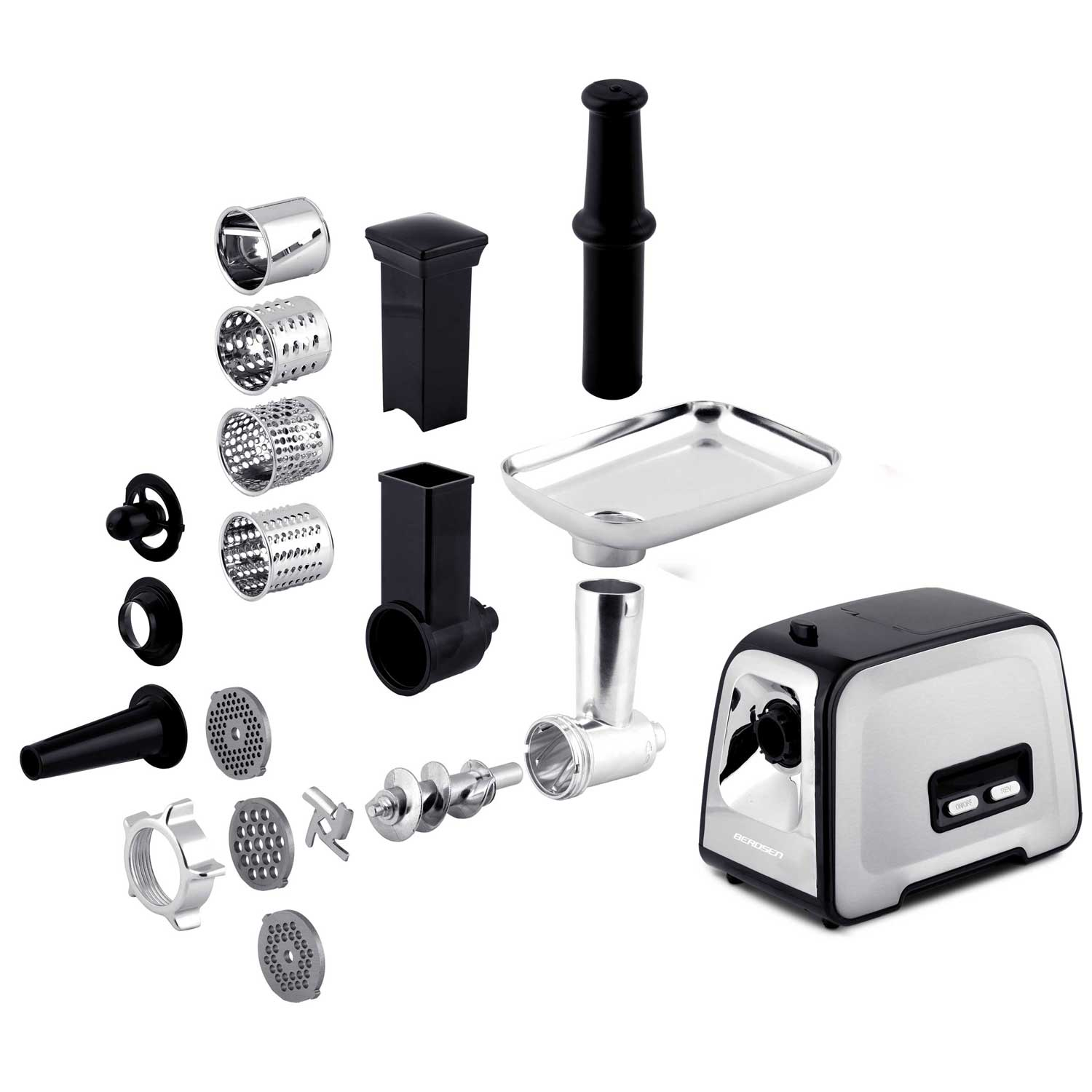 Zdemontowana maszynka do mięsa ze srebrnymi i czarnymi częściami. Zawiera ostrza, tarki i obudowę silnika. Części ułożone na białym tle.