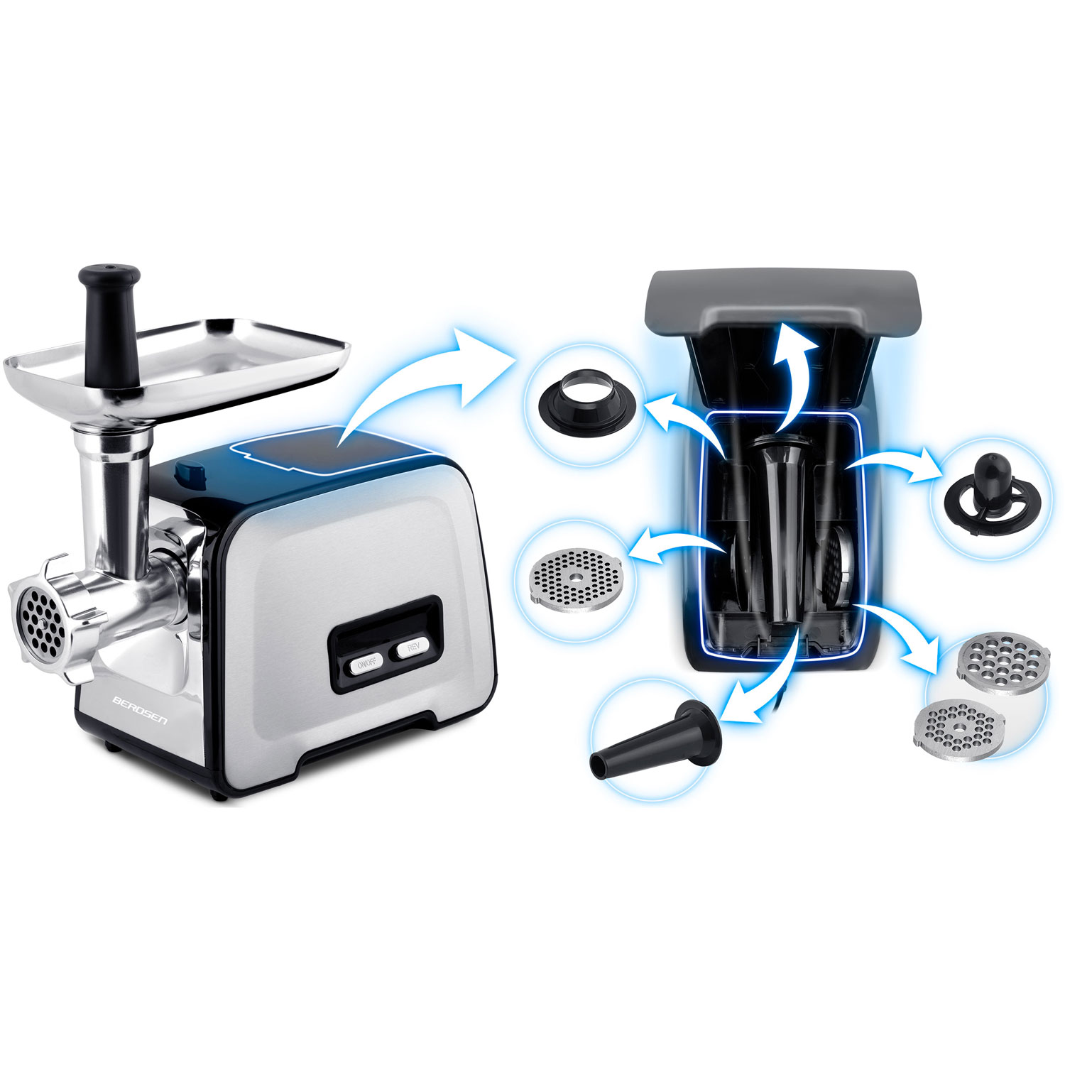 Maszynka do mięsa z rozłożonymi częściami. Maszynka jest srebrno-czarna, z tacką i różnymi nasadkami. Strzałki wskazują montaż.