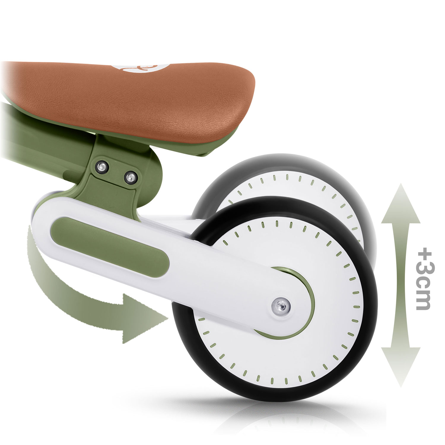 Zielony i biały rowerek biegowy dla dzieci z brązowym siedzeniem i czarnymi kołami. Strzałka +3cm wskazuje regulację.