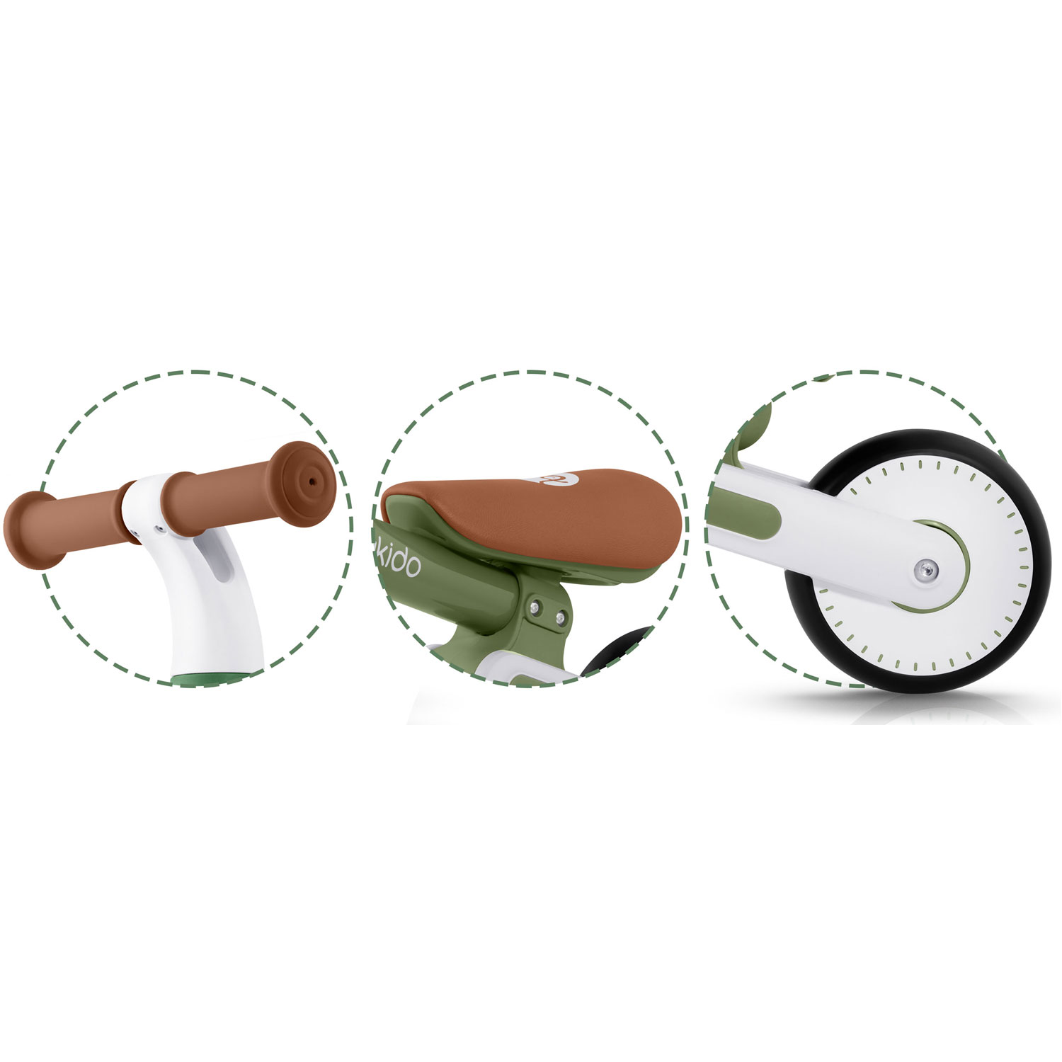 Części roweru biegowego: kierownica, siodełko i koło. Brązowe uchwyty i siodełko, biała i zielona rama, czarne koło z białą obręczą.