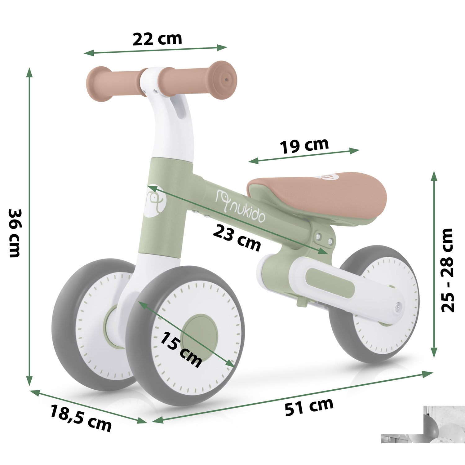 Zielono-biały rowerek biegowy Nukido. Wymiary są podane na rowerku: 22 cm, 36 cm, 18,5 cm, 19 cm, 23 cm, 15 cm, 51 cm, 25-28 cm.