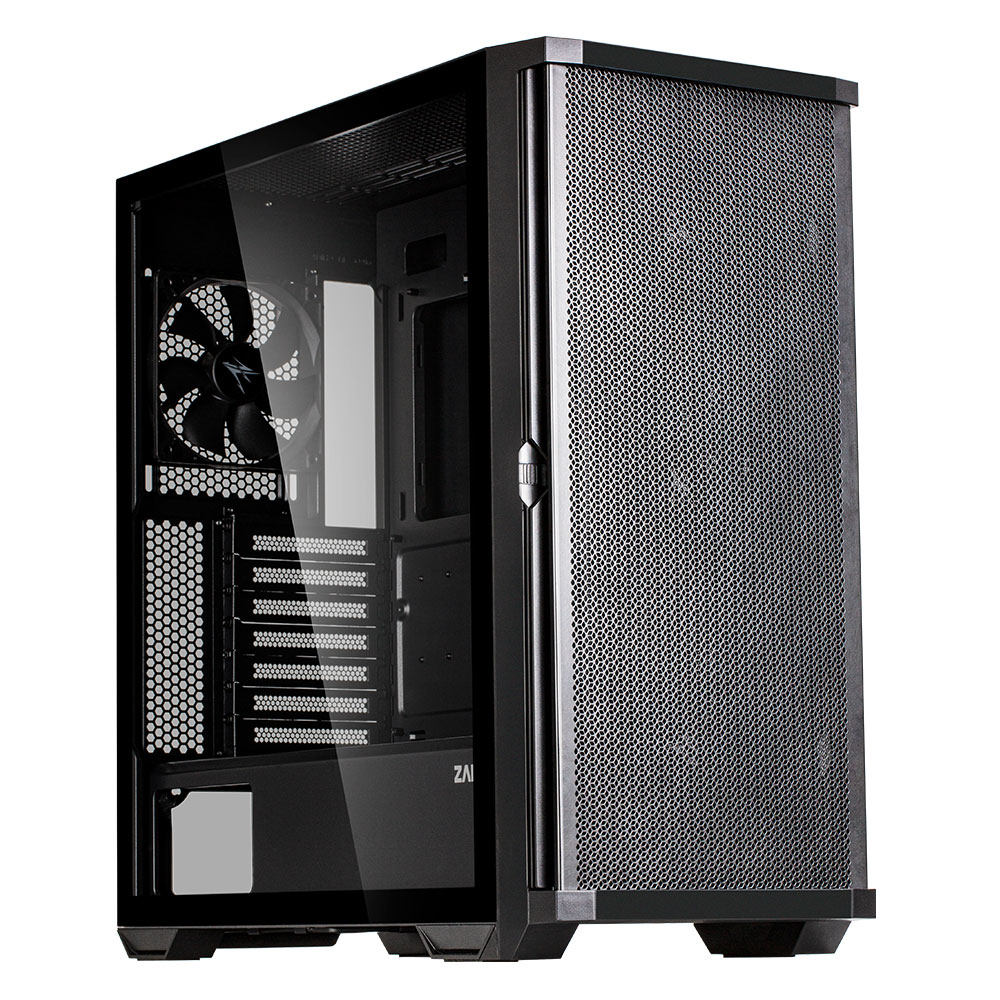 Un case per computer nero con un pannello laterale in vetro. Sono visibili una ventola, componenti interni e un pannello frontale a rete.