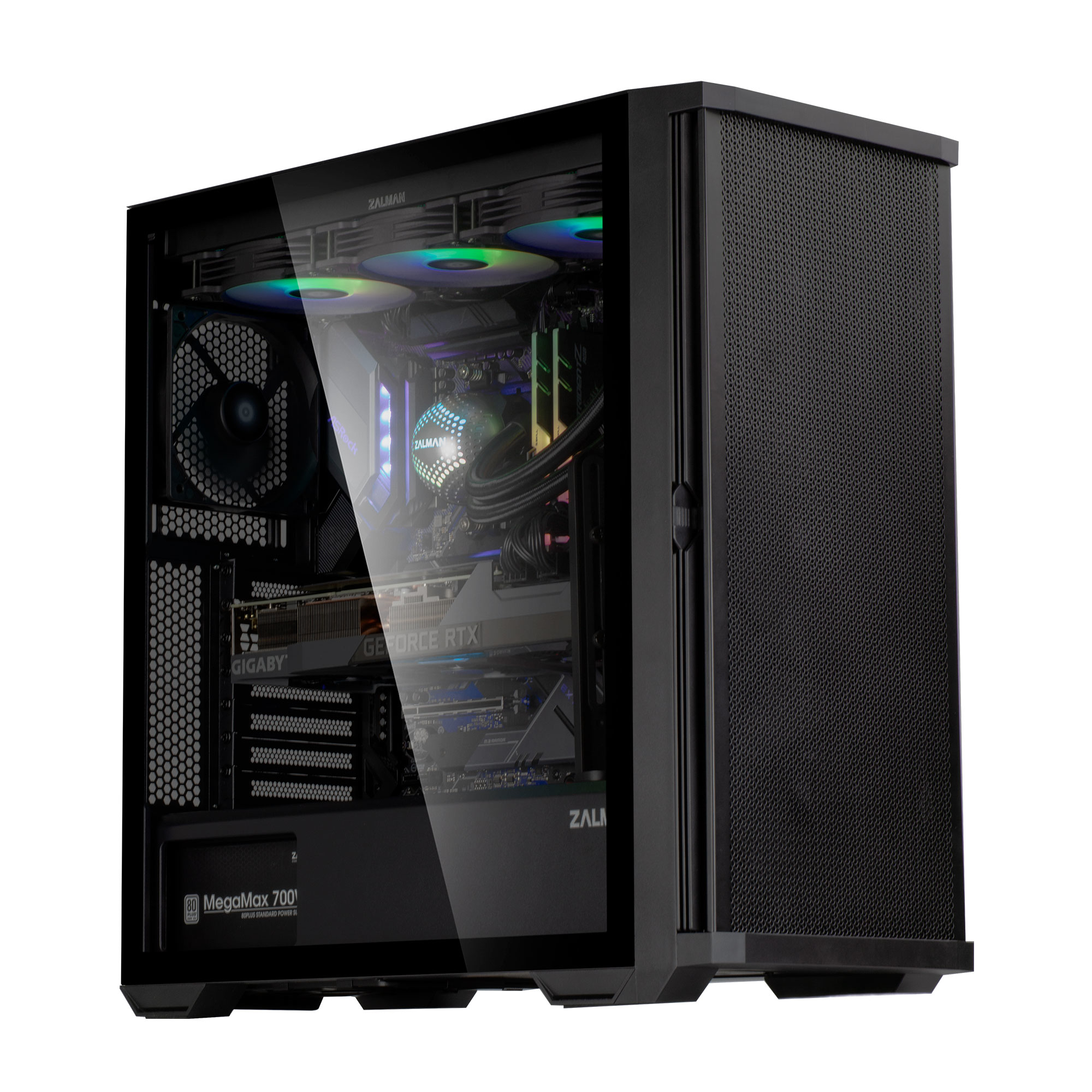 Un case per computer nero con pannello laterale in vetro. Componenti interni visibili, tra cui ventole e scheda grafica.