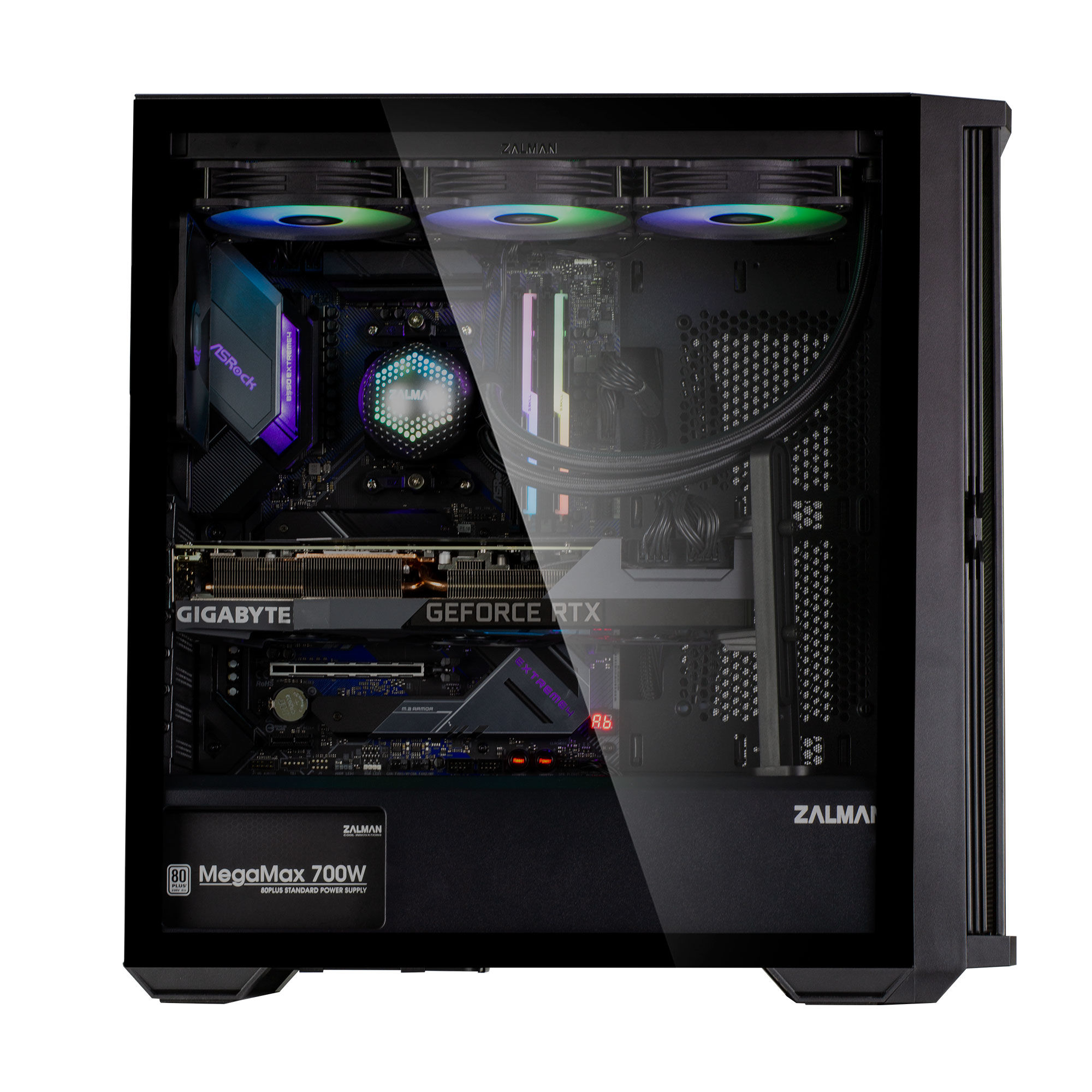 Un case per computer nero con componenti visibili, tra cui una scheda grafica, un dissipatore CPU e un alimentatore, tutti illuminati.