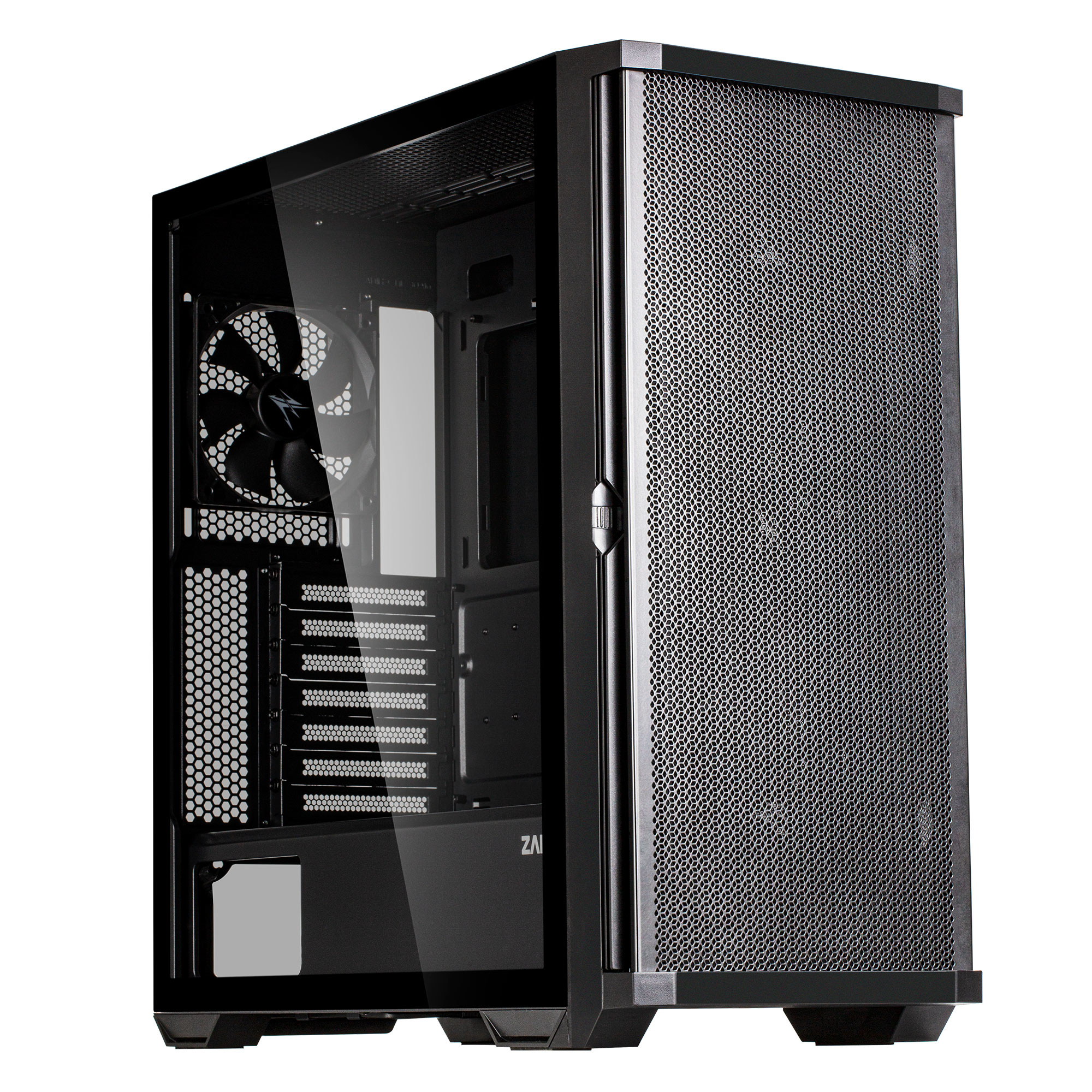 Case per computer nero con pannello laterale in vetro e frontale a rete. Componenti interni visibili.