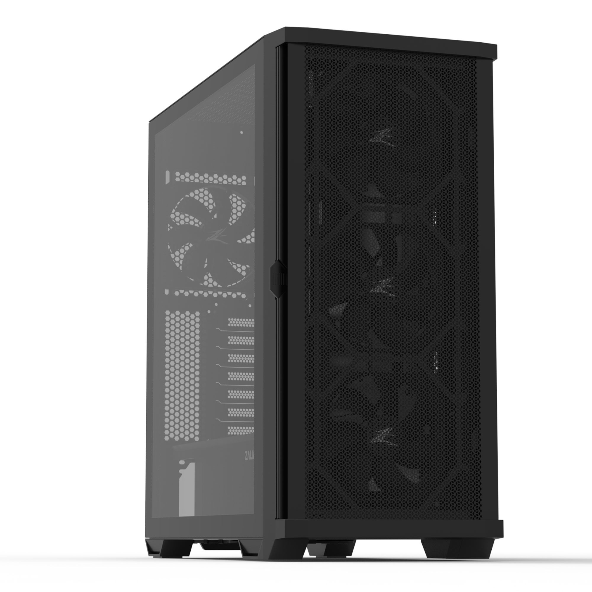 Case per computer nero con pannello laterale in vetro. Presenta un frontale a rete e una ventola visibile all'interno. Sfondo bianco.