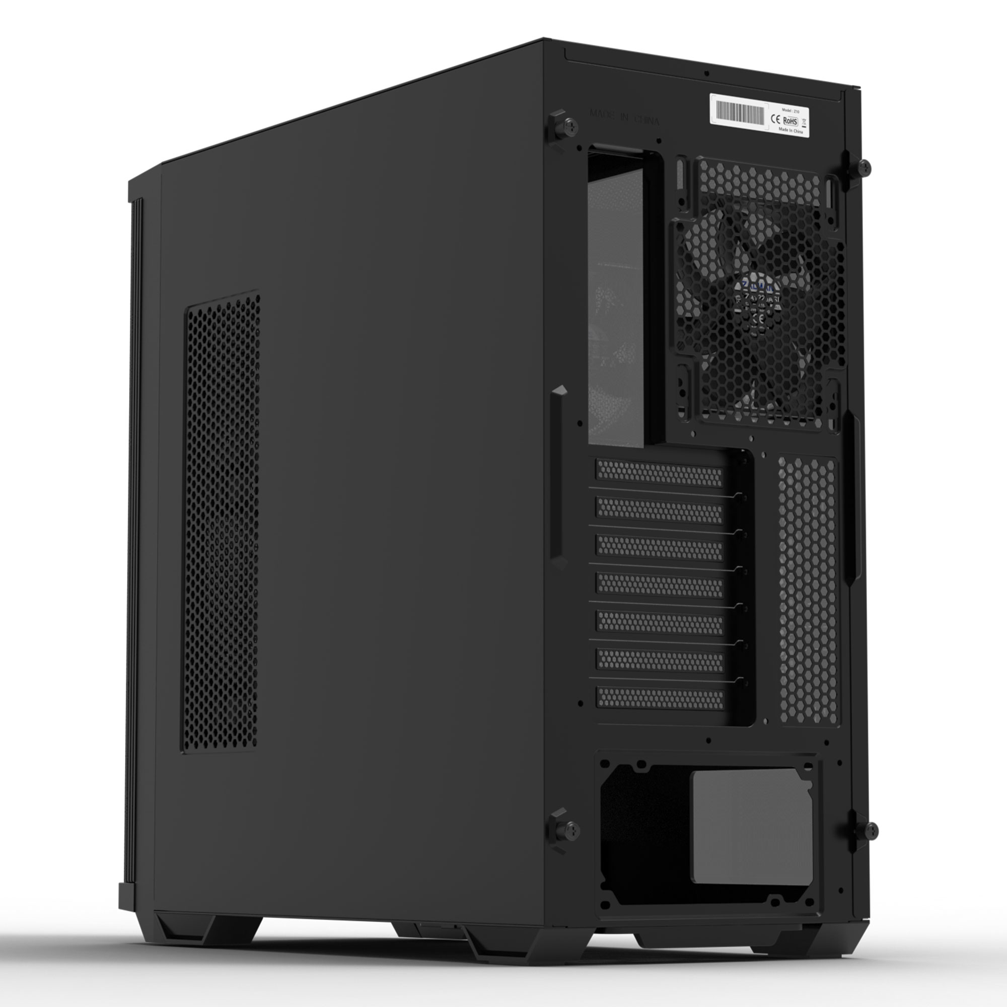Un case per computer nero su sfondo bianco. Ha un pannello laterale a rete e la parte posteriore è aperta, mostrando una ventola.