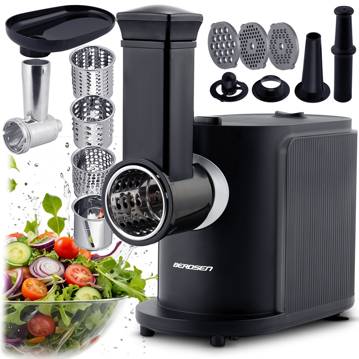 Czarny robot kuchenny z różnymi nasadkami i miską sałatki z warzywami.