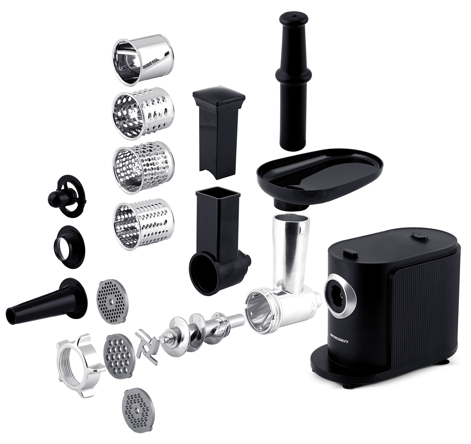 Widok rozstrzelony czarnej i srebrnej maszynki do mięsa z różnymi nasadkami i komponentami na białym tle.