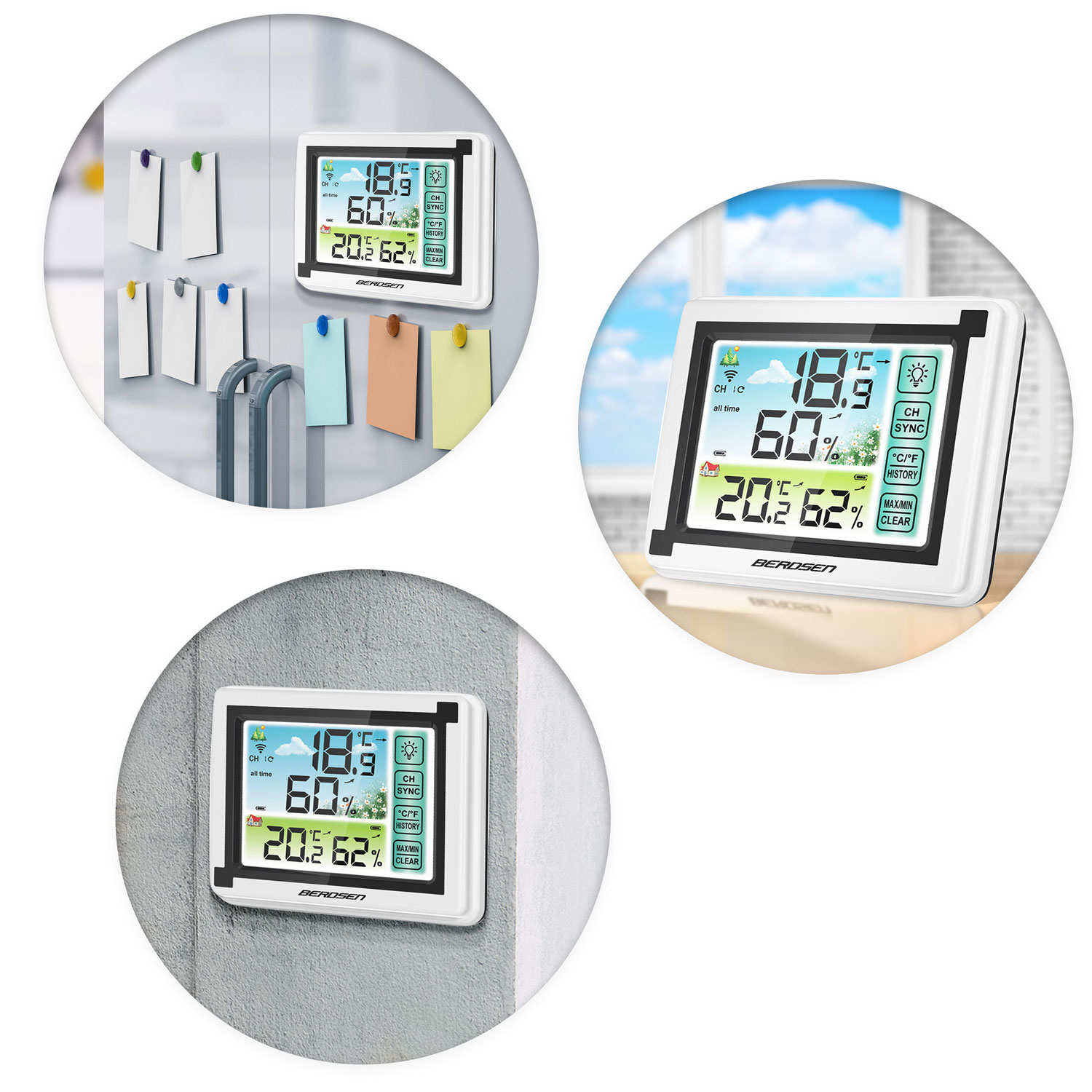 Trzy zdjęcia białej stacji pogodowej. Jedno jest na lodówce, drugie w pobliżu okna, a ostatnie na szarej ścianie.