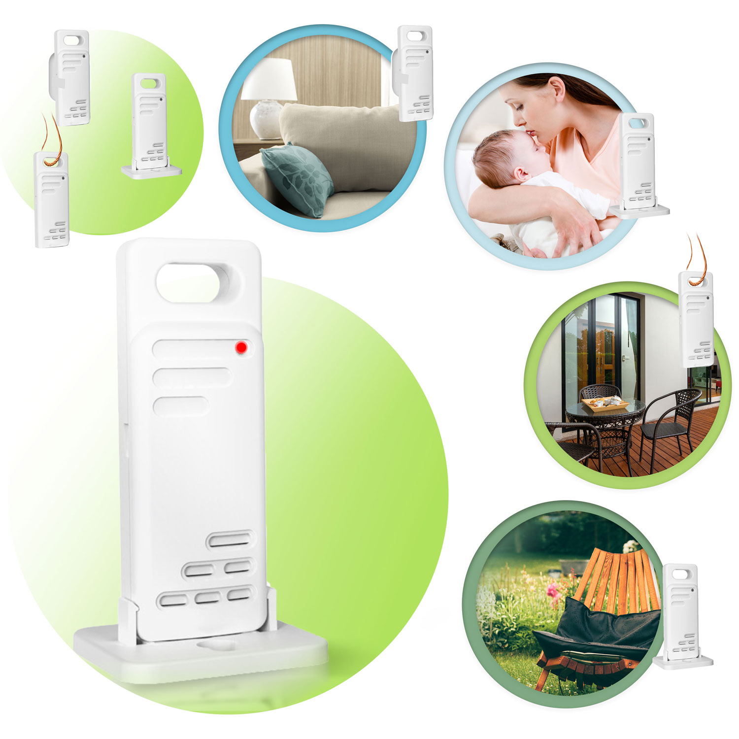 Białe urządzenie z czerwoną lampką jest pokazane na środku. Wokół niego znajduje się kilka okrągłych obrazów przedstawiających inne urządzenia i sceny.