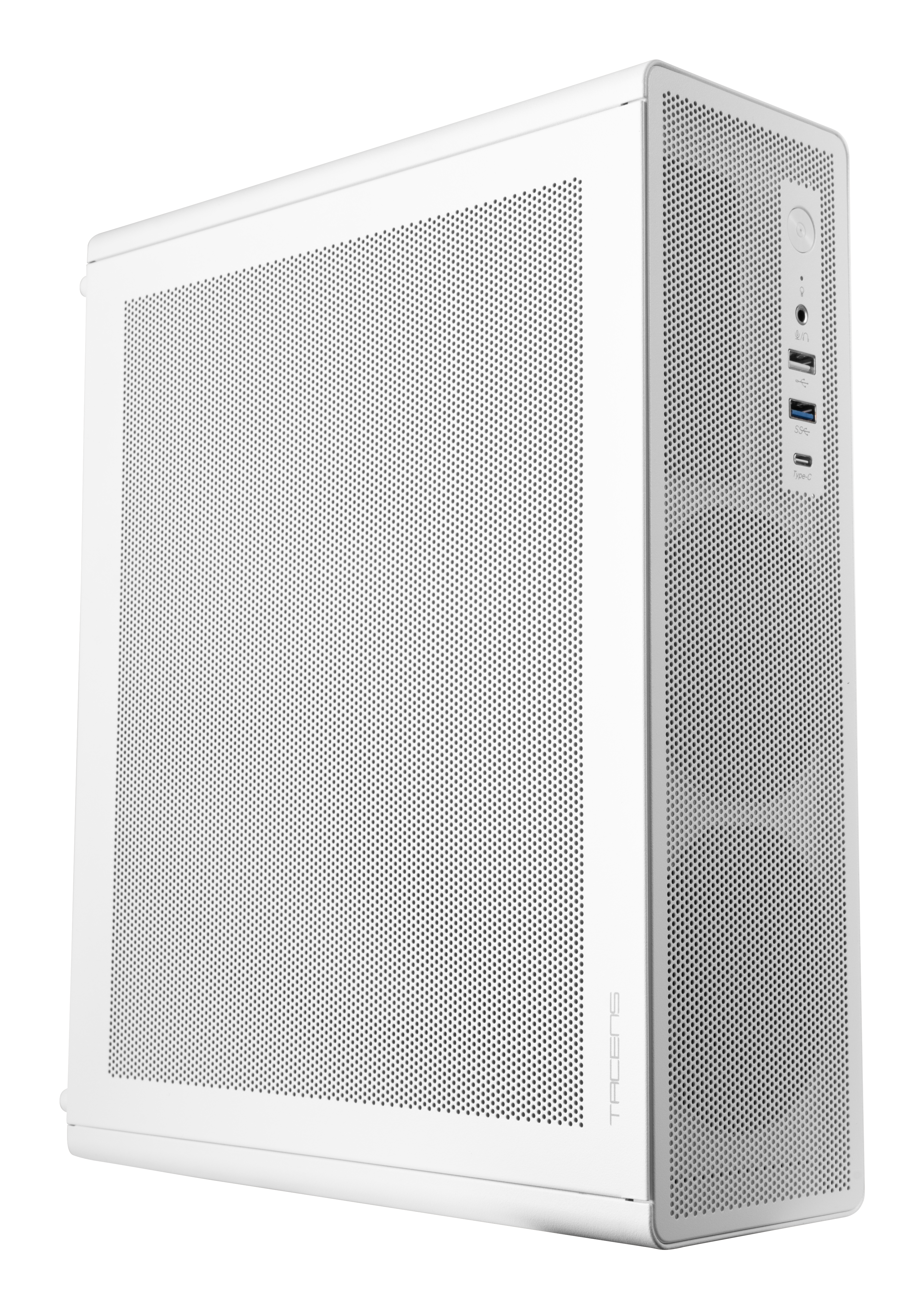 Un case per computer bianco con pannello frontale e laterale perforato, che mostra varie porte e pulsanti.