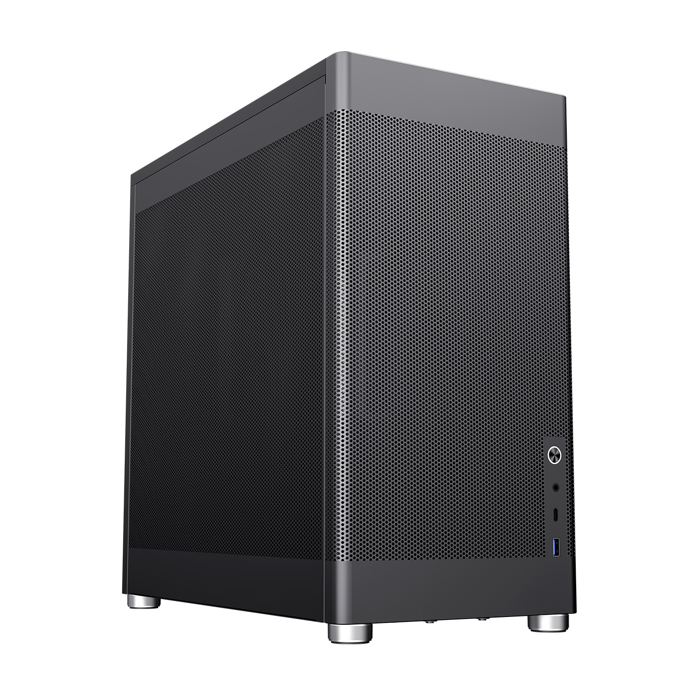 Un case per computer nero con pannello frontale, pannelli laterali e superiore perforati. Ha piedini argentati e porte frontali.