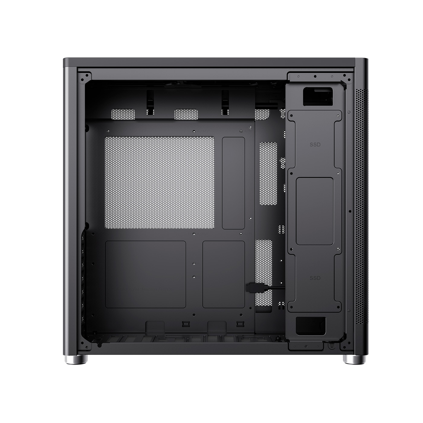 Un case per computer nero, vuoto all'interno. Include pannelli a rete, slot SSD e vari punti di montaggio. Sfondo bianco.