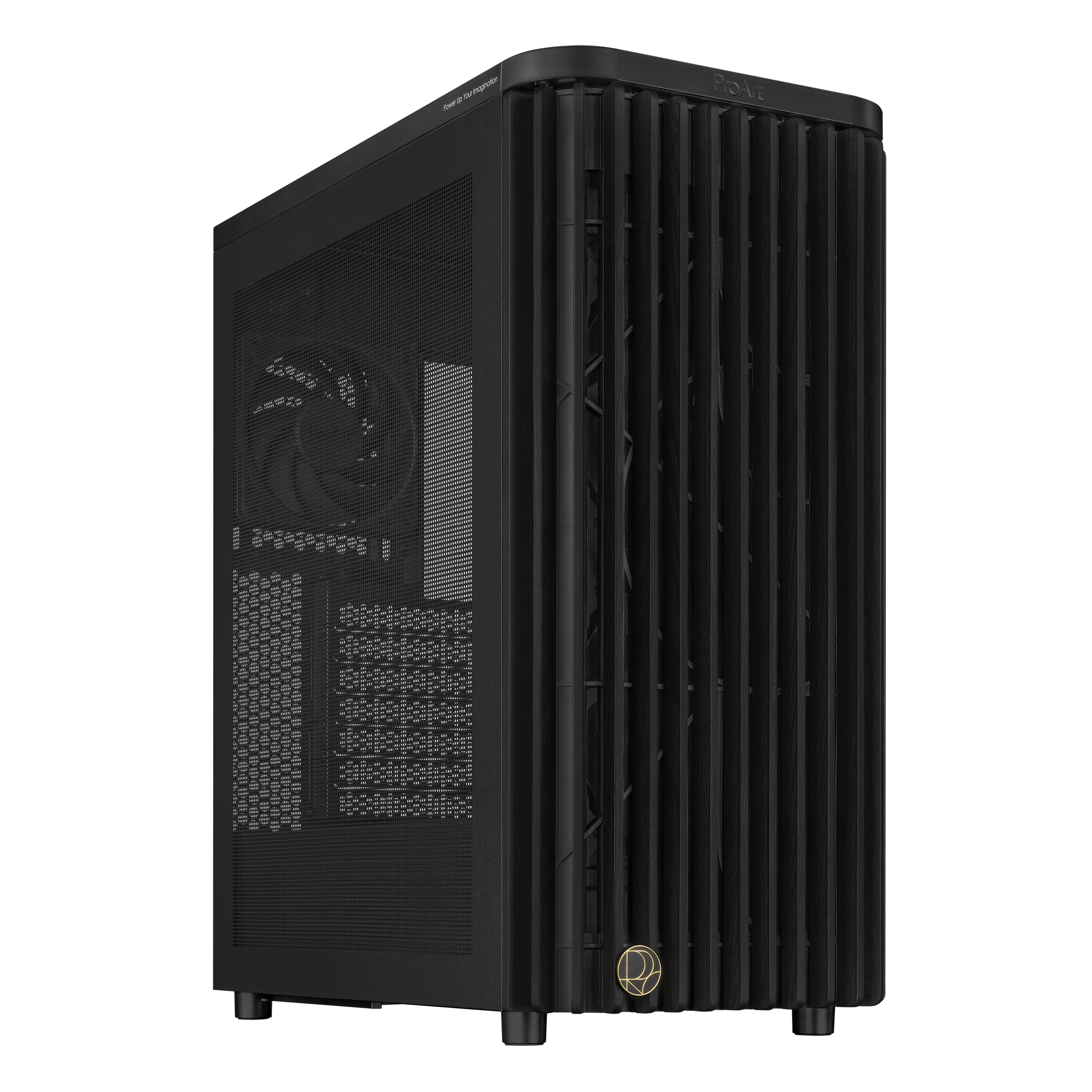 Case per computer nero con doghe verticali, pannello laterale a rete e logo ProArt. Il case ha piedini neri.