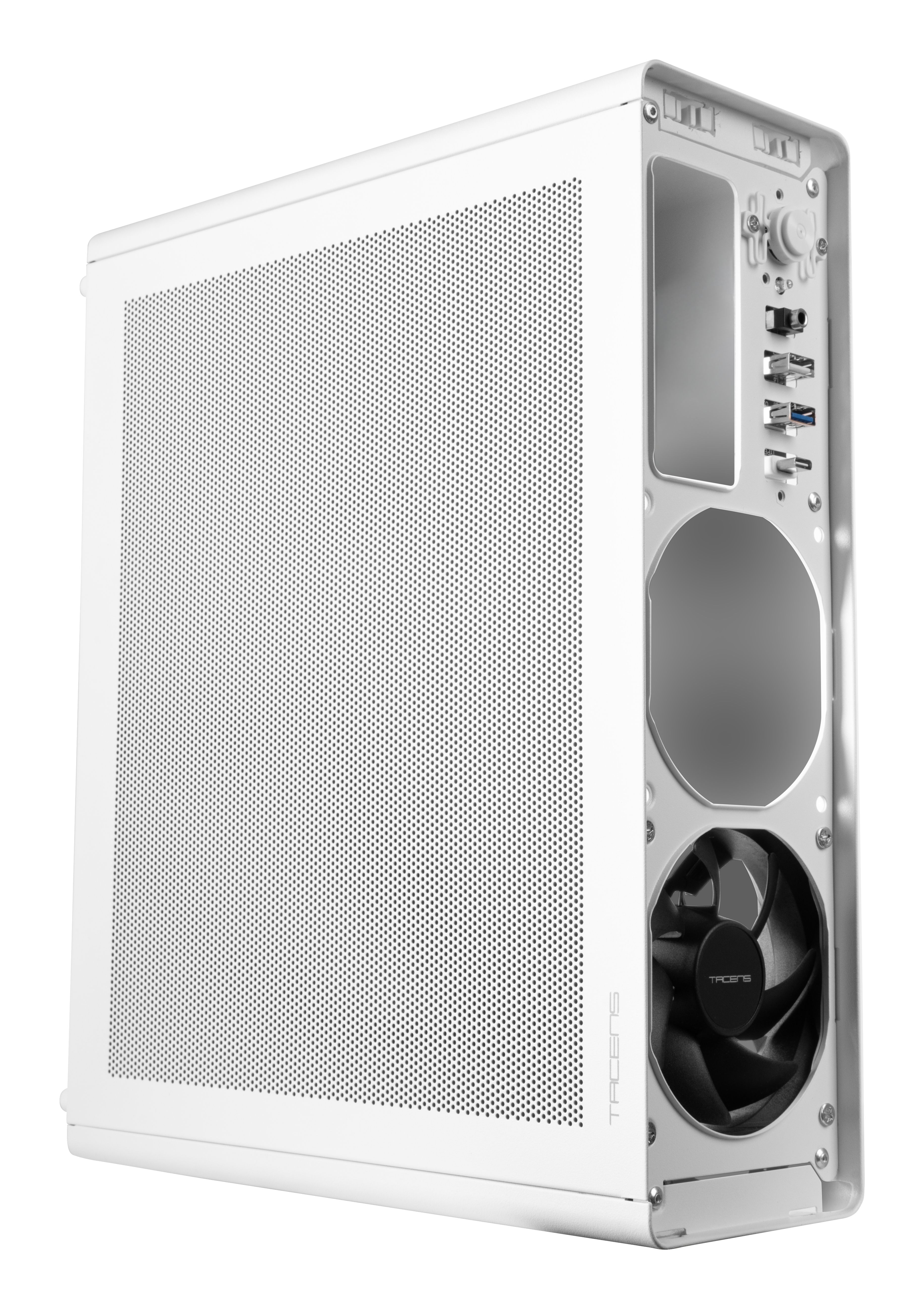 Un case per computer bianco con pannello laterale perforato, ventola e interno aperto. Design minimalista.