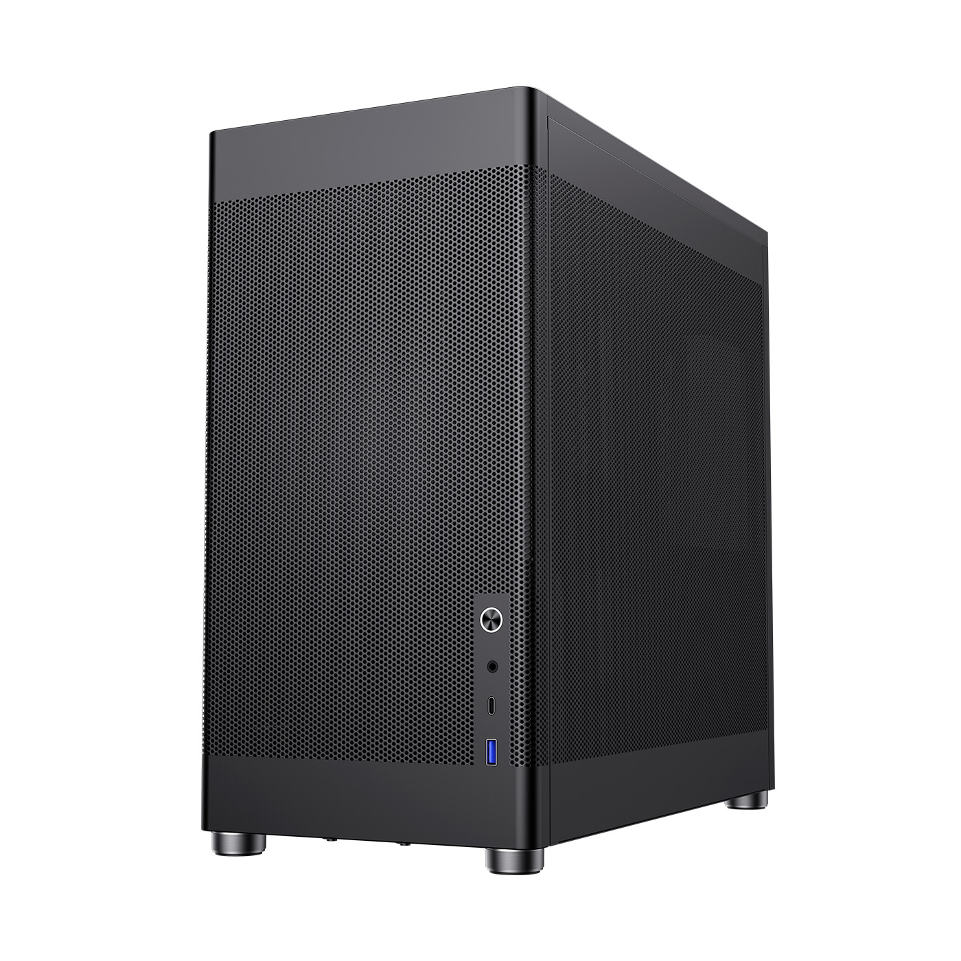 Un case per computer nero con pannello frontale perforato, pannello laterale e alcune porte. Si trova su quattro piedini argentati su sfondo bianco.