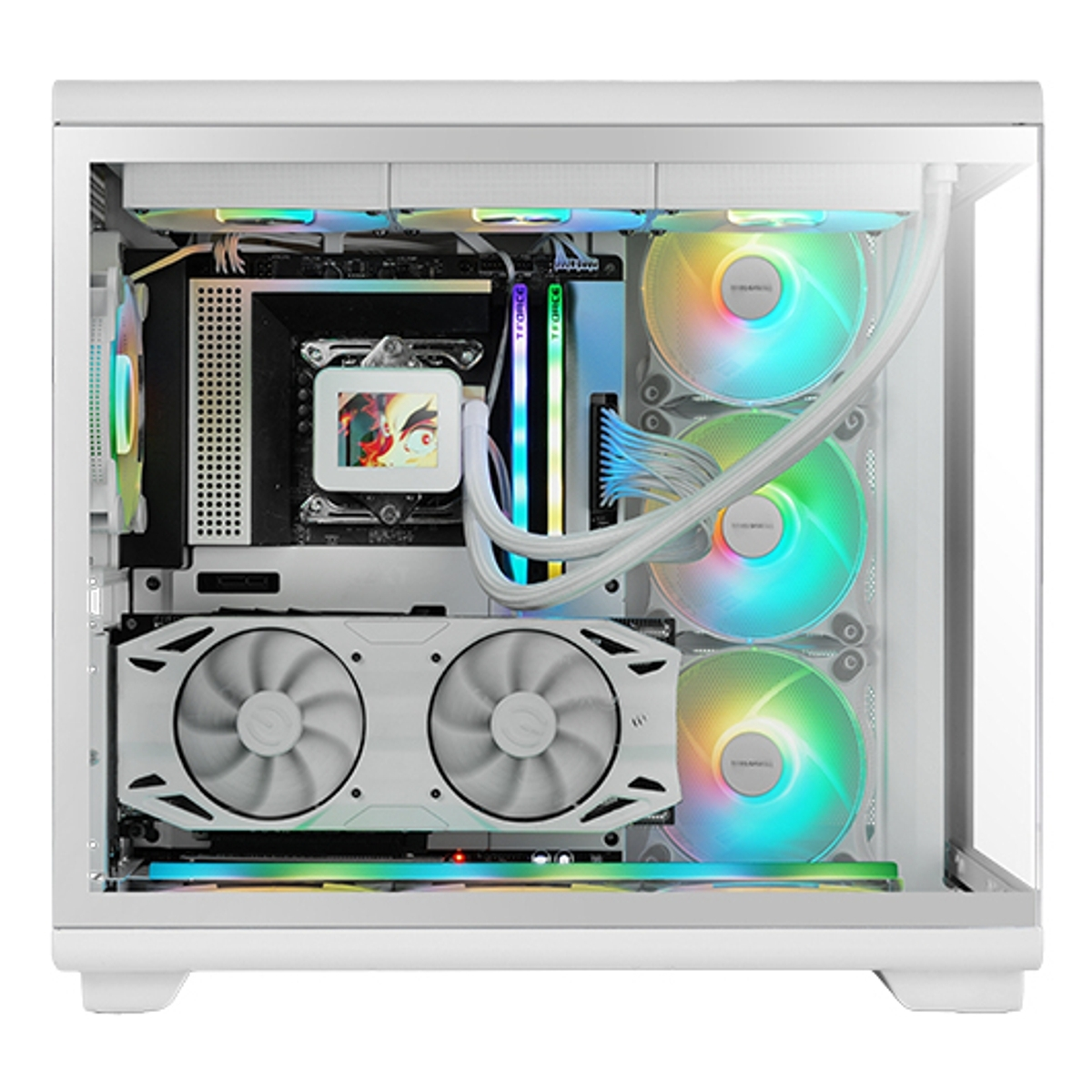 Case PC bianco con componenti. GPU, dissipatore CPU e ventole con illuminazione RGB. Pannello laterale trasparente. Estetica pulita e moderna.