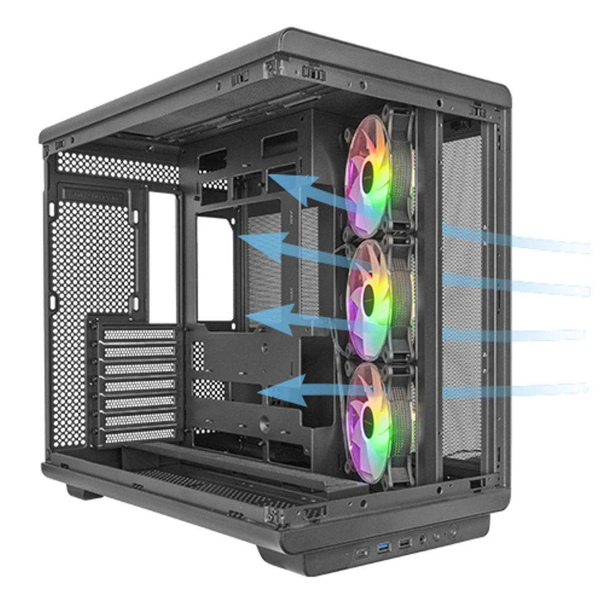 Un case per computer nero con tre ventole RGB. Le frecce indicano la direzione del flusso d'aria. Il case ha un pannello laterale a rete e varie aperture.