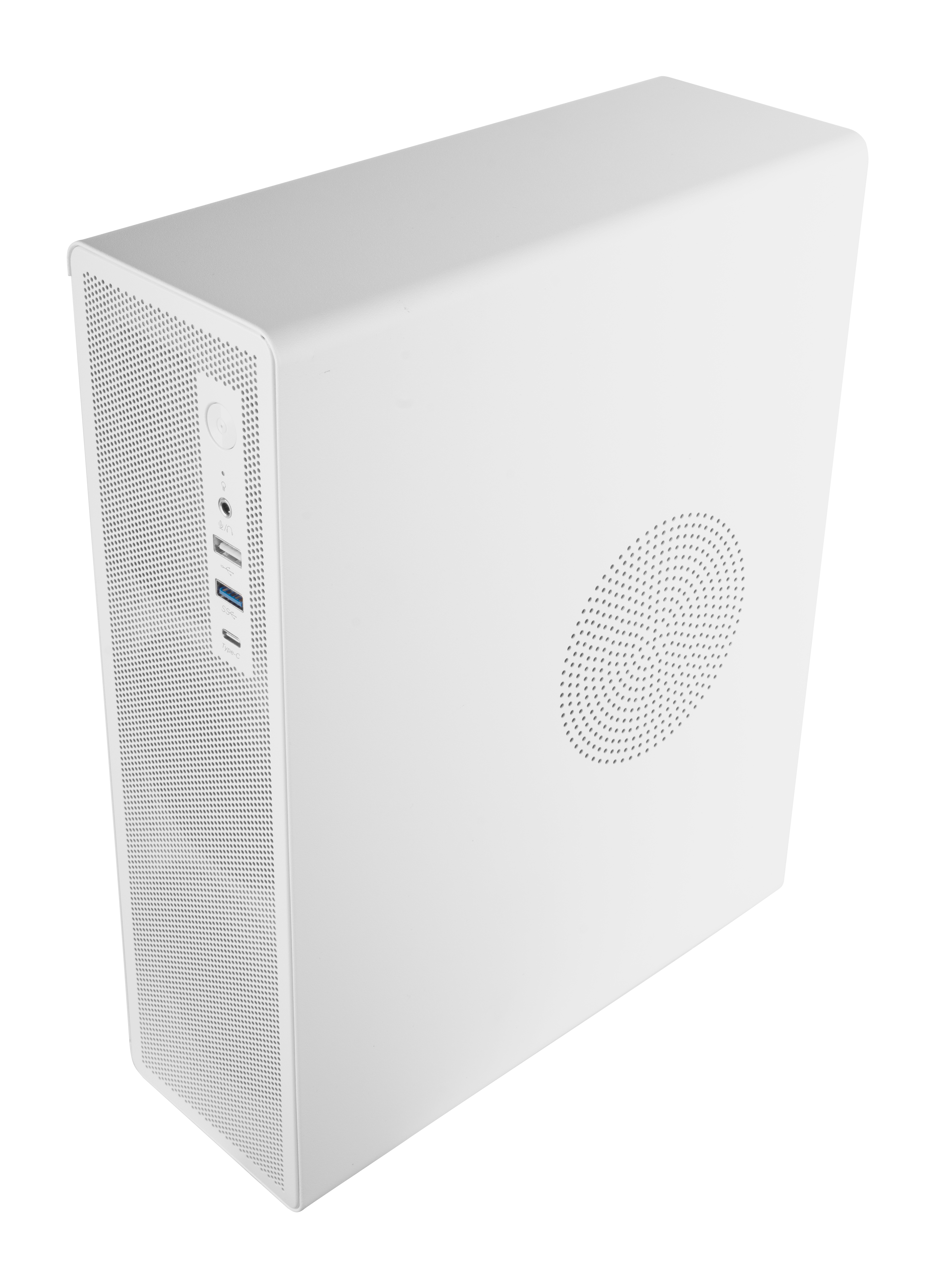 Un case per computer bianco con un pannello laterale perforato e una presa d'aria circolare. Ha porte e un pulsante di accensione.