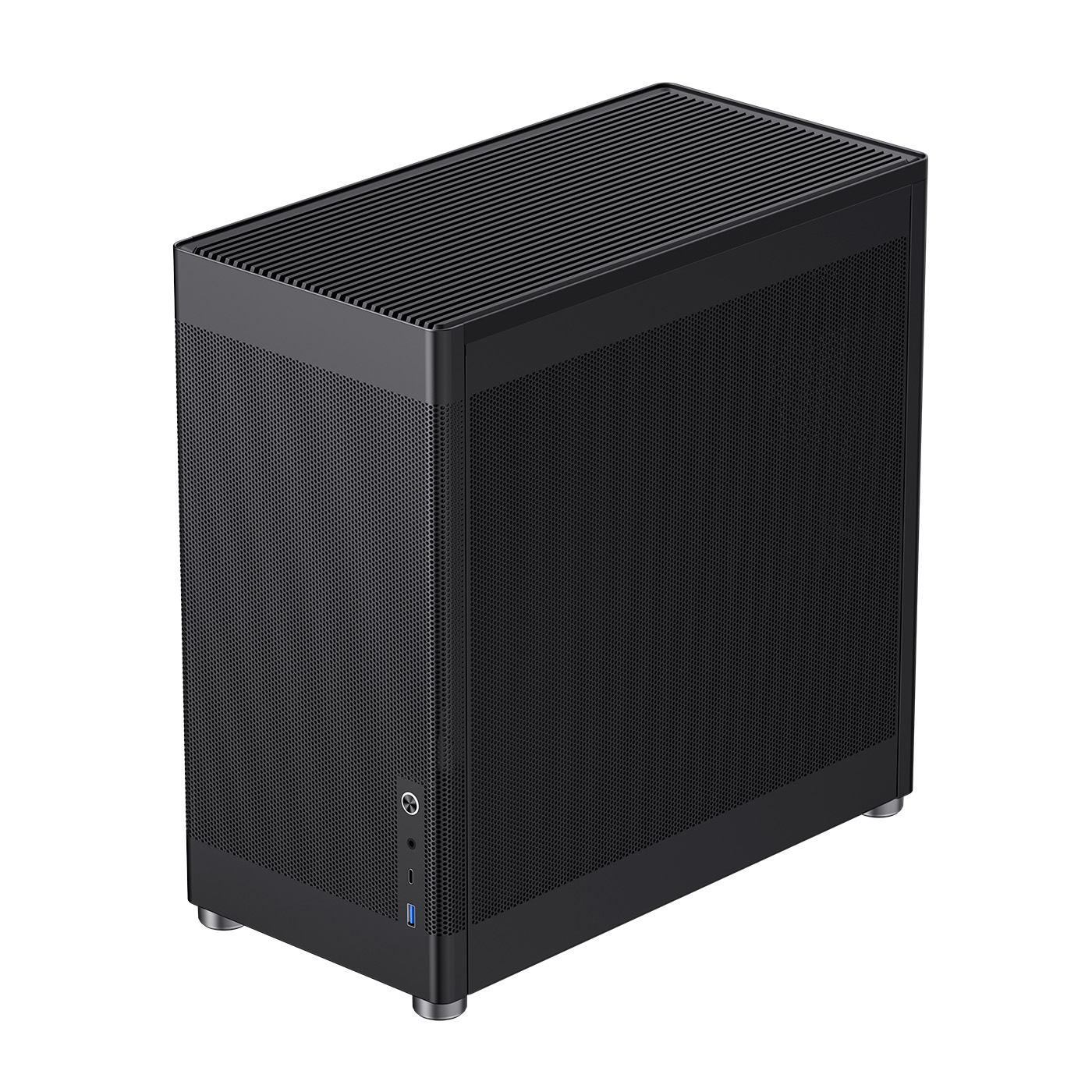 Case per computer nero con frontale e parte superiore a rete. Ha un pulsante di accensione e una porta USB.