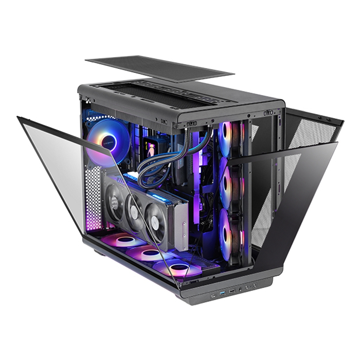 Un case per computer nero con pannelli laterali aperti. Presenta componenti interni con ventole LED colorate e una scheda grafica.