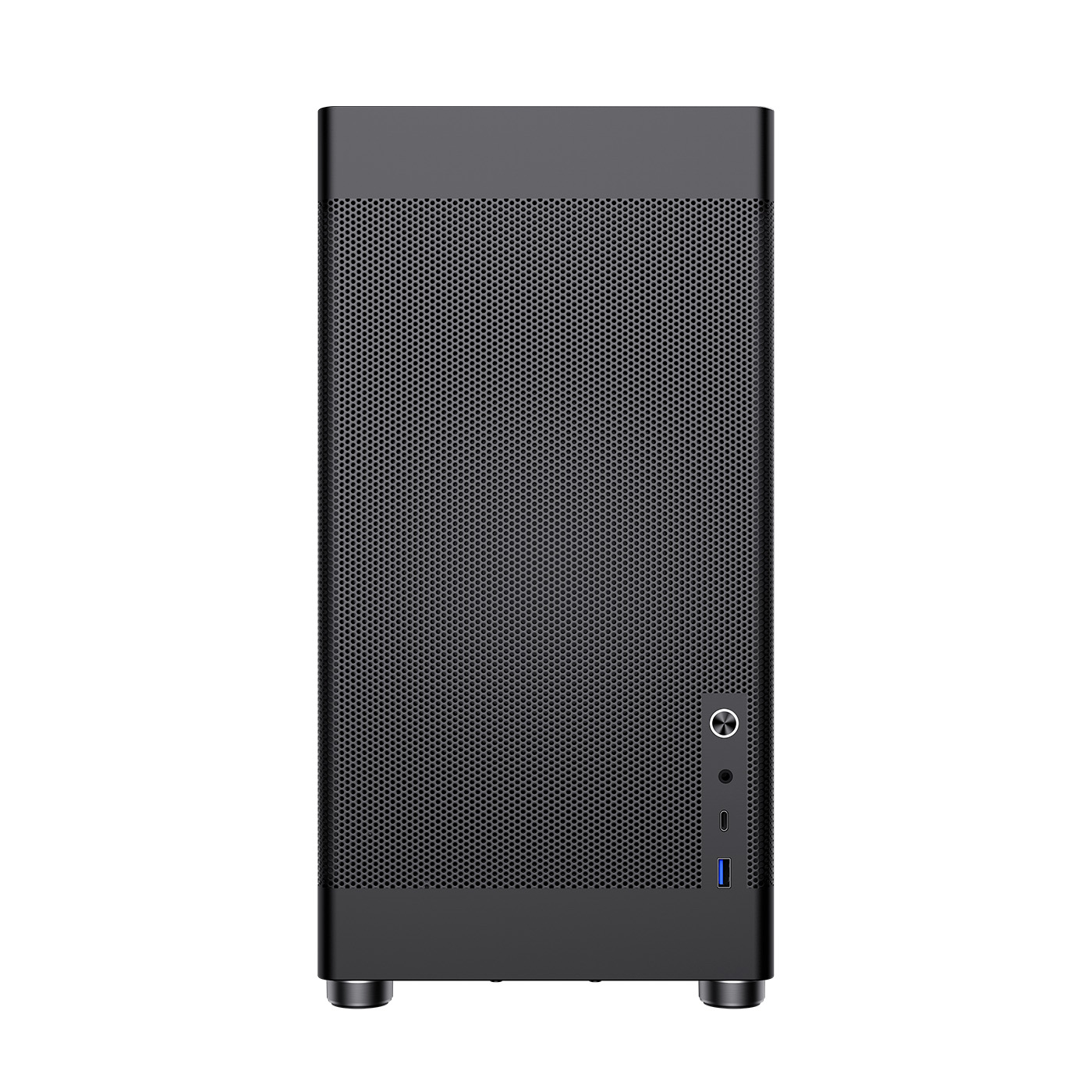 Case per computer nero con frontale a rete. Ha pulsante di accensione, porta USB e jack audio. Poggia su quattro piedini argentati, isolato.
