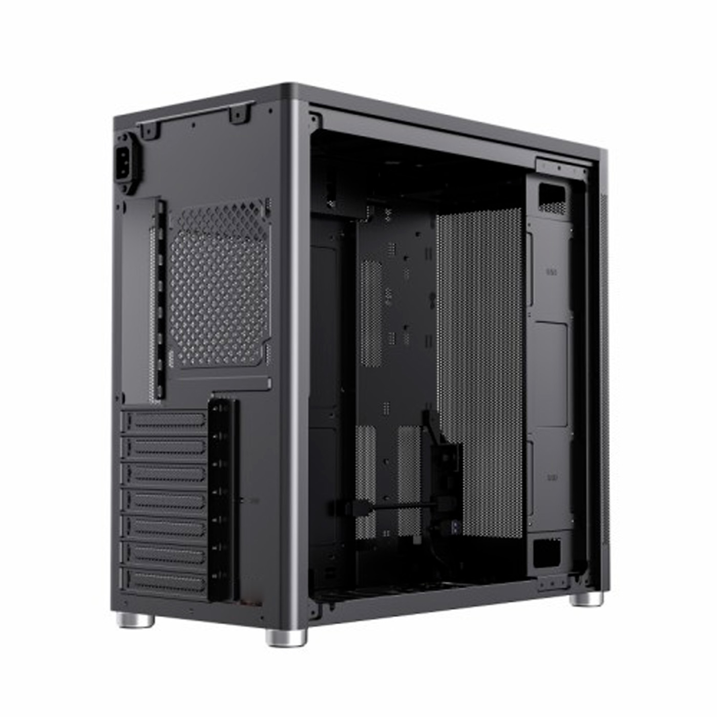 Un case per computer nero, aperto sul lato destro, con rete metallica e varie porte. Poggia su quattro piedini argentati.