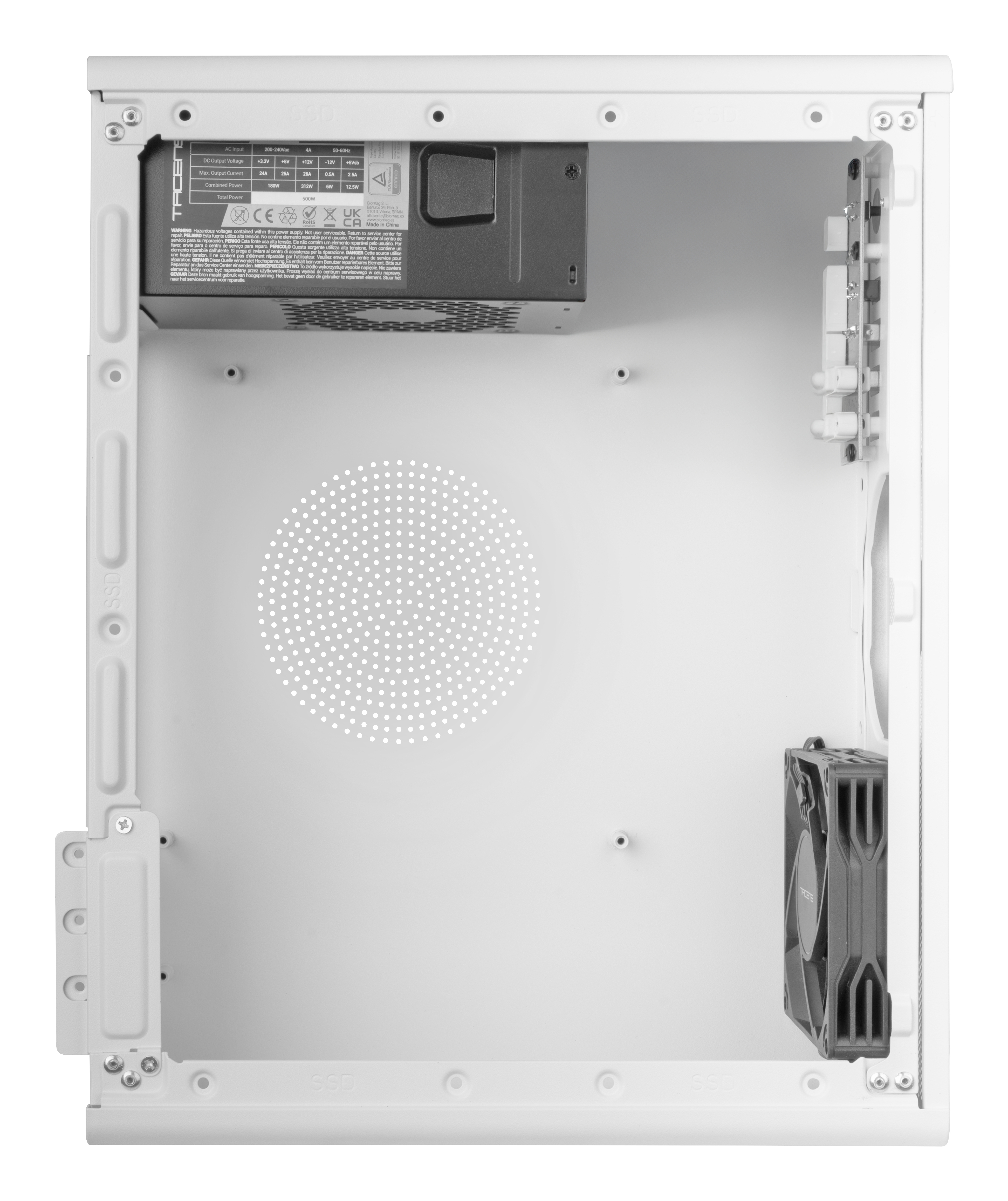 Interno di un case di computer bianco. Sono visibili un alimentatore e una ventola.