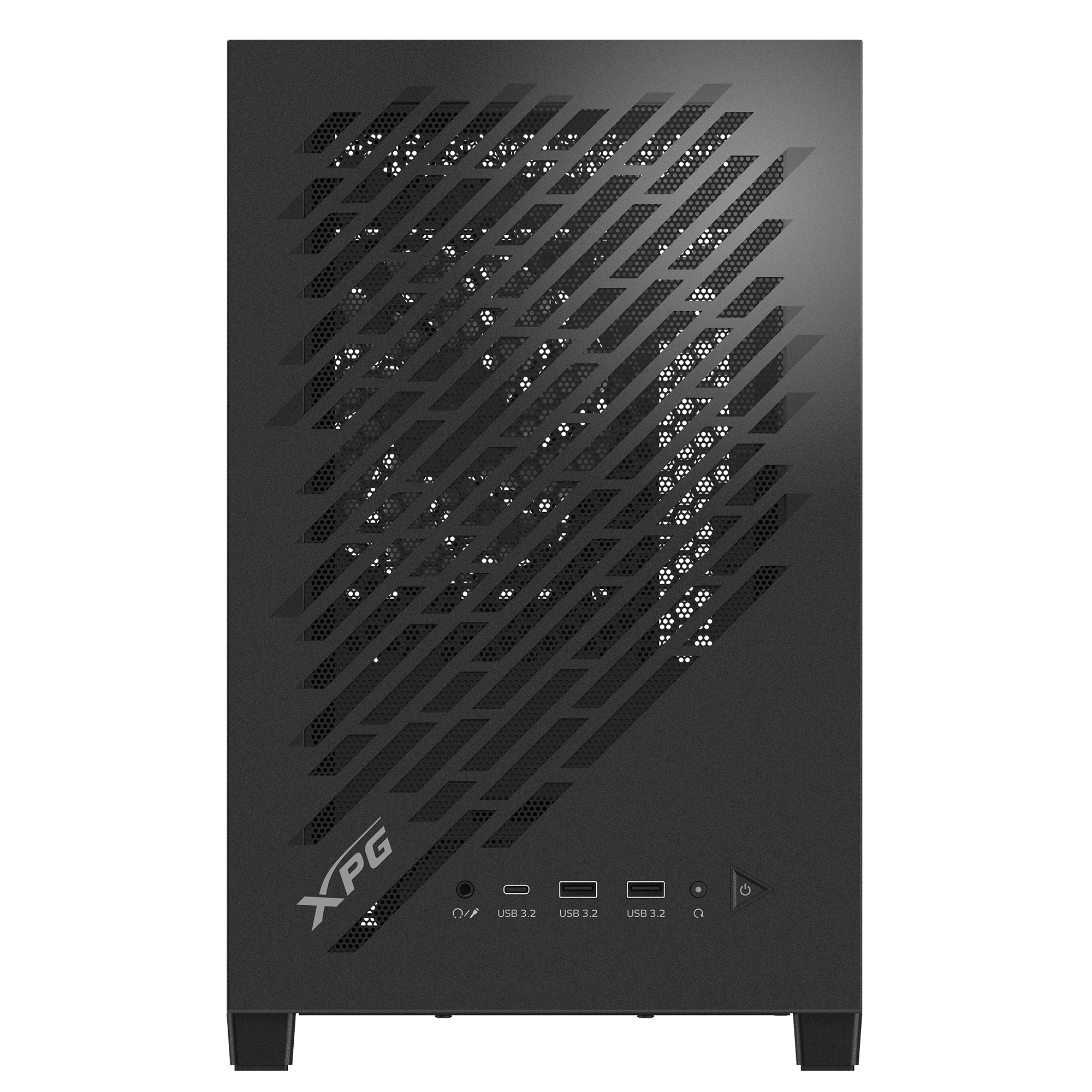 Un case per computer nero con pannello frontale a fantasia, logo XPG e porte USB. Il case poggia su piedini.