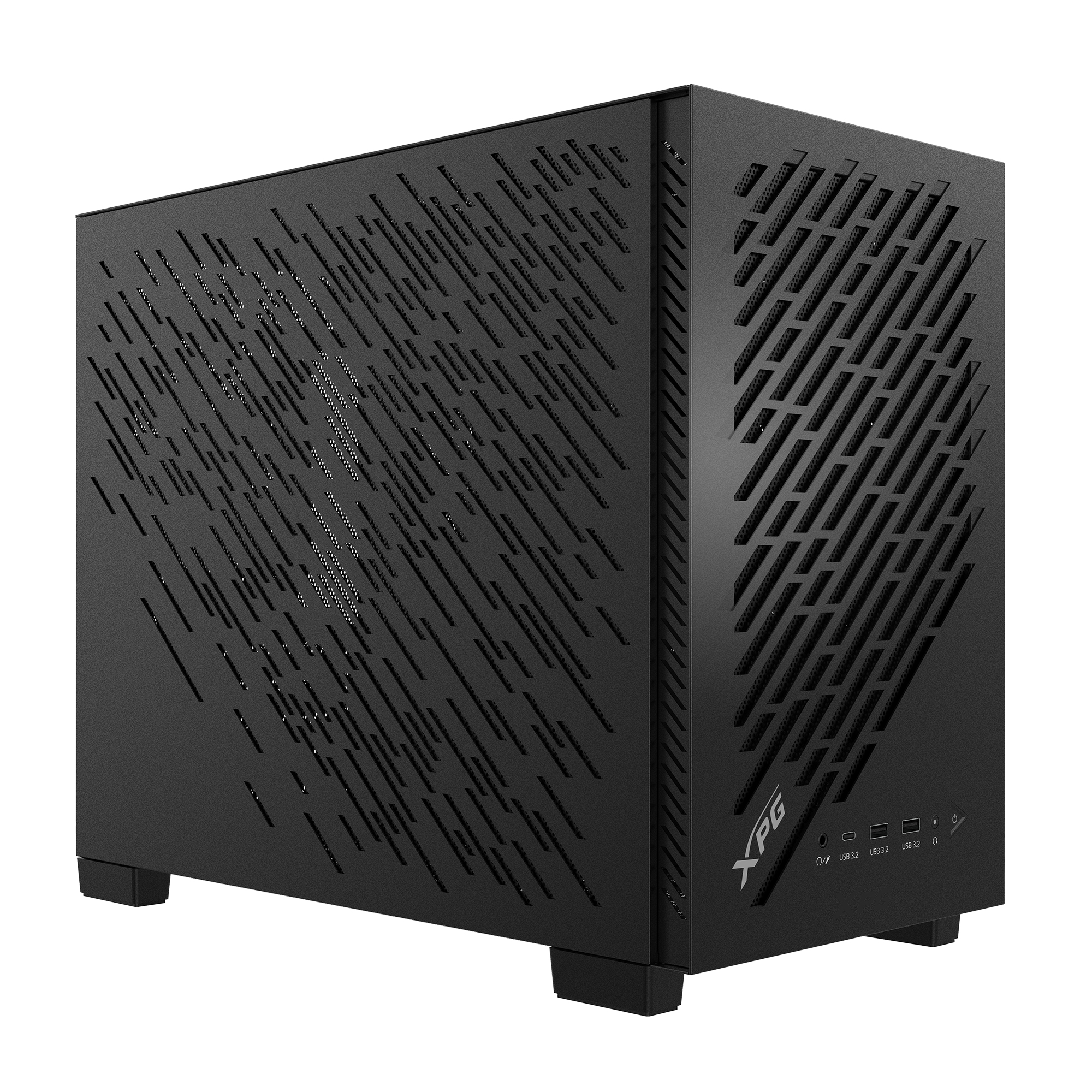 Case per computer nero con prese d'aria diagonali. Ha un logo XPG e porte. La custodia poggia su piedini corti.