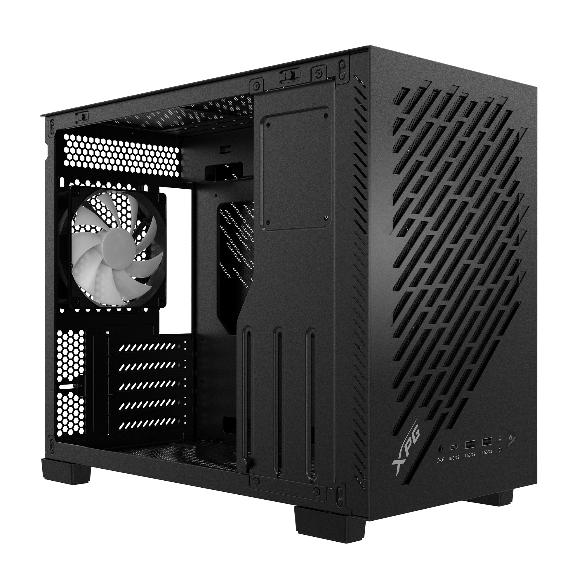 Case per computer nero con lato aperto, mostra ventola e componenti interni. Logo XPG e porte USB frontali.