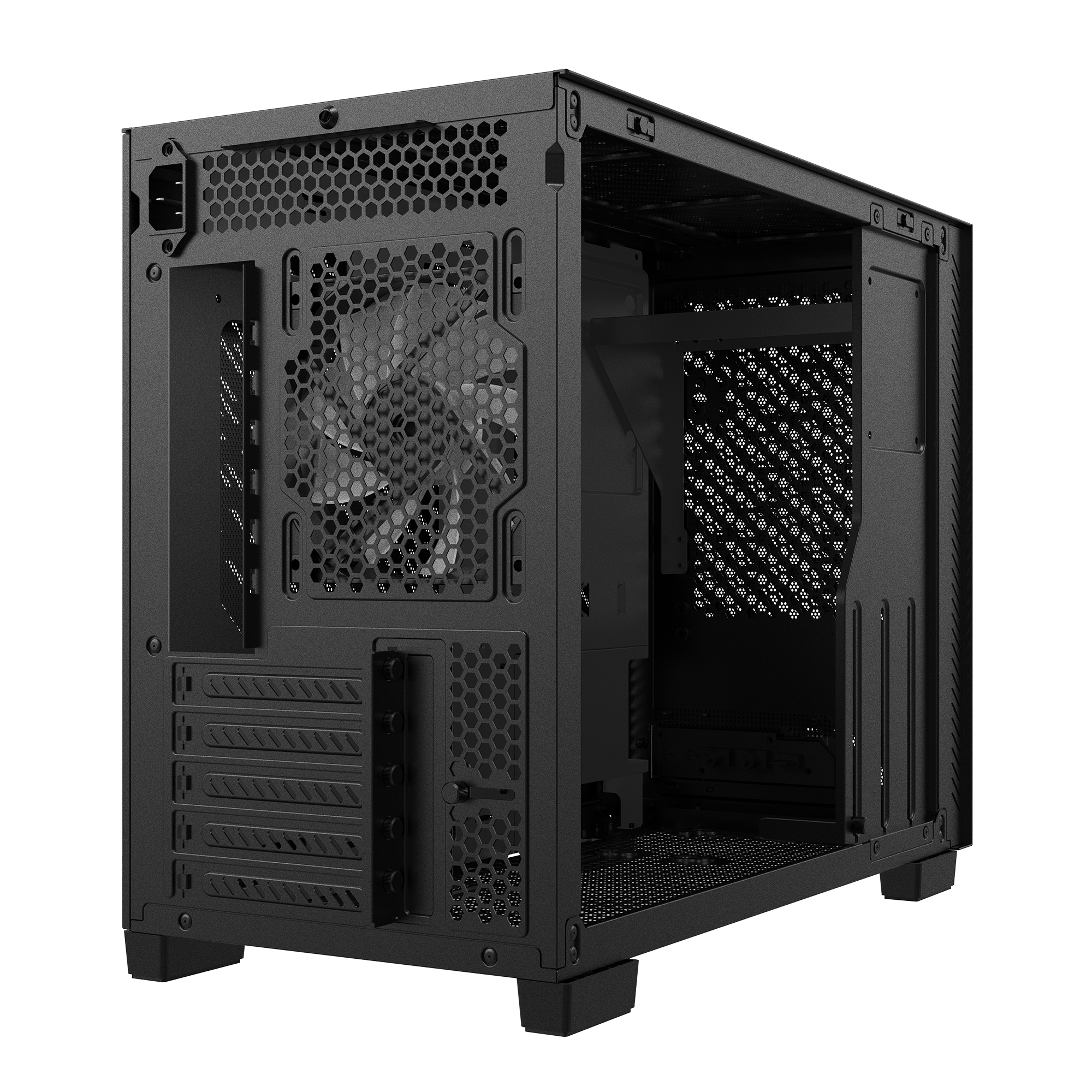Viene mostrato un case per computer nero, progettato per ospitare componenti per computer. Ha una ventola e varie aperture.